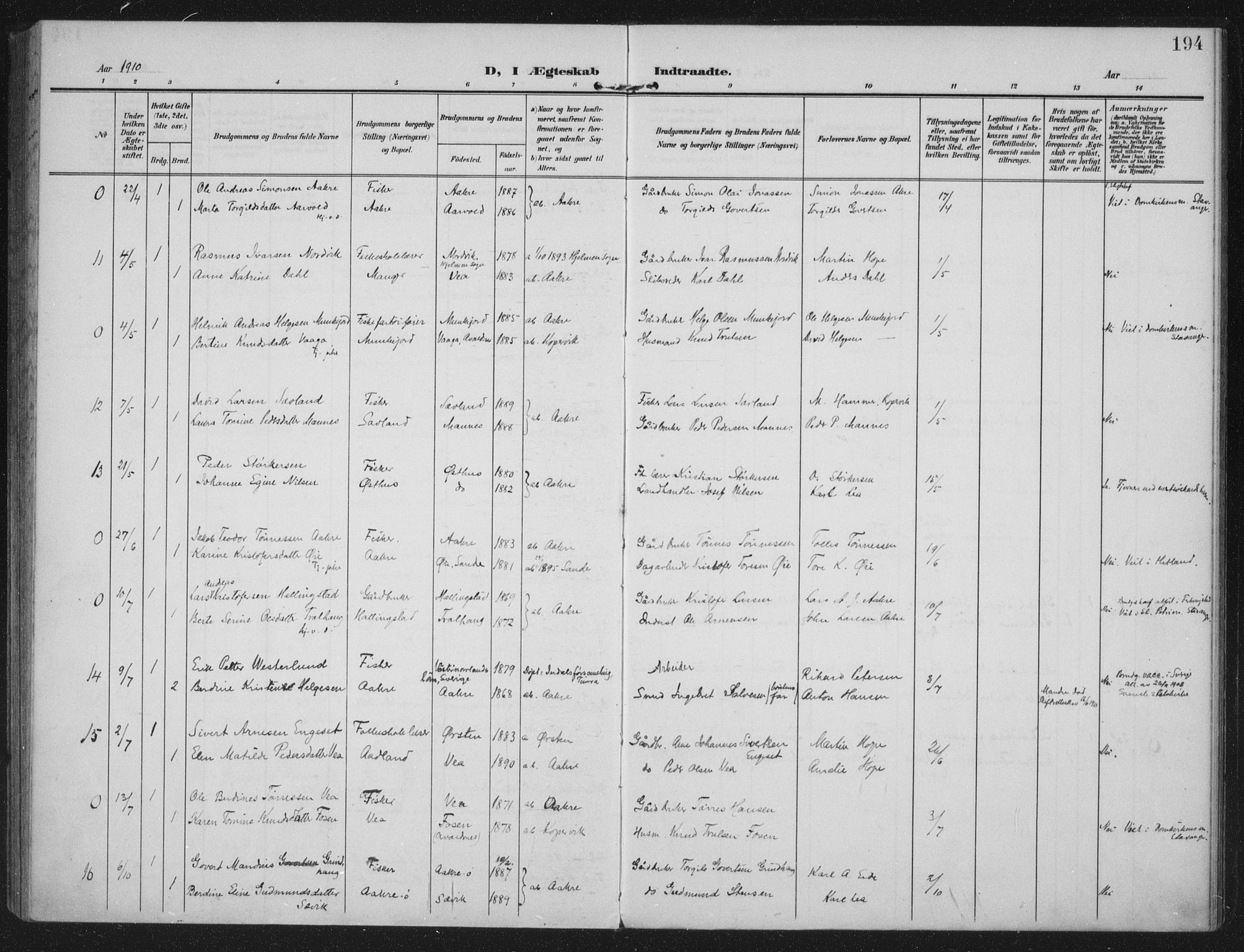 Kopervik sokneprestkontor, SAST/A-101850/H/Ha/Haa/L0005: Parish register (official) no. A 5, 1906-1924, p. 194