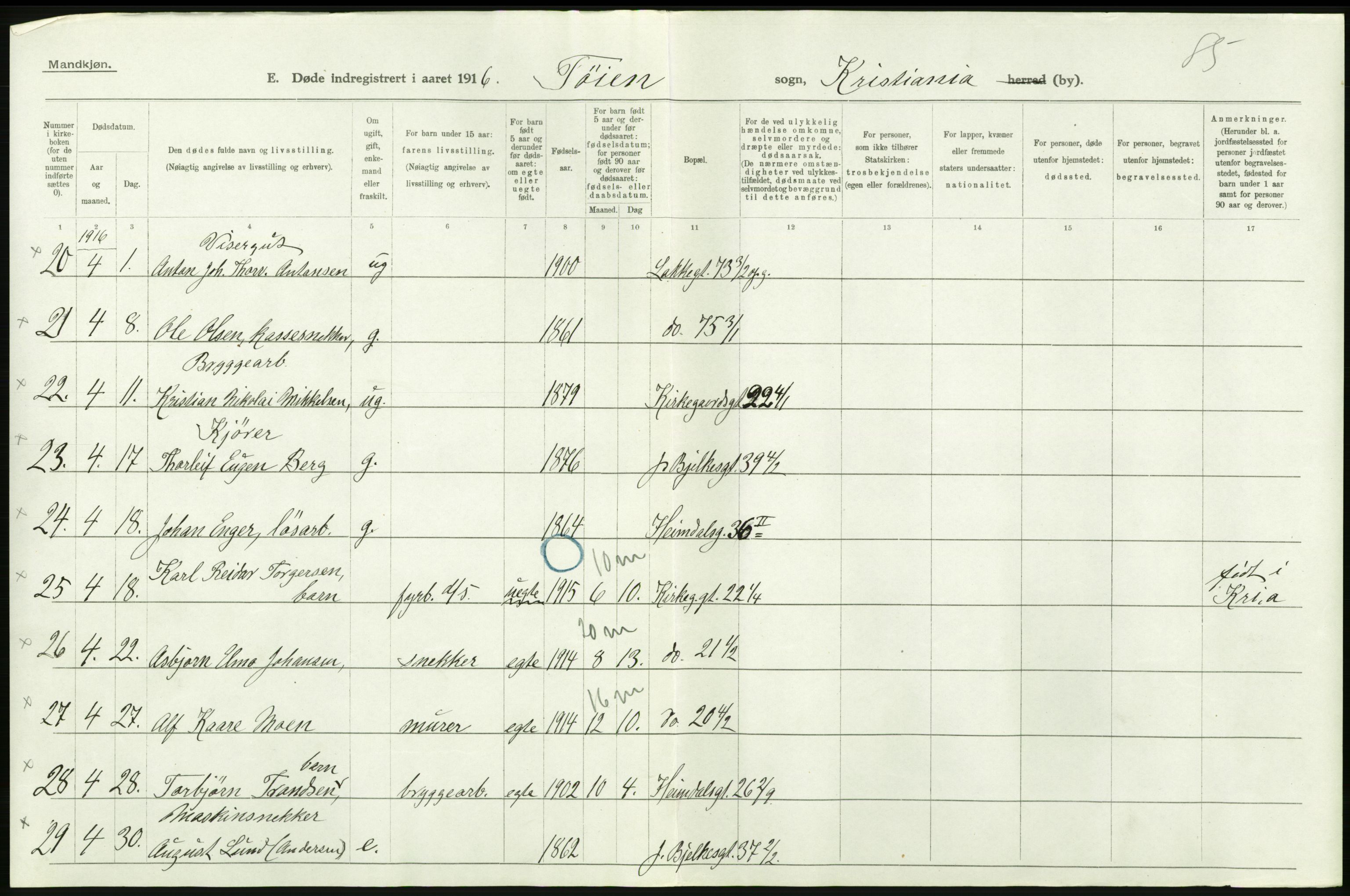 Statistisk sentralbyrå, Sosiodemografiske emner, Befolkning, AV/RA-S-2228/D/Df/Dfb/Dfbf/L0009: Kristiania: Døde., 1916, p. 482