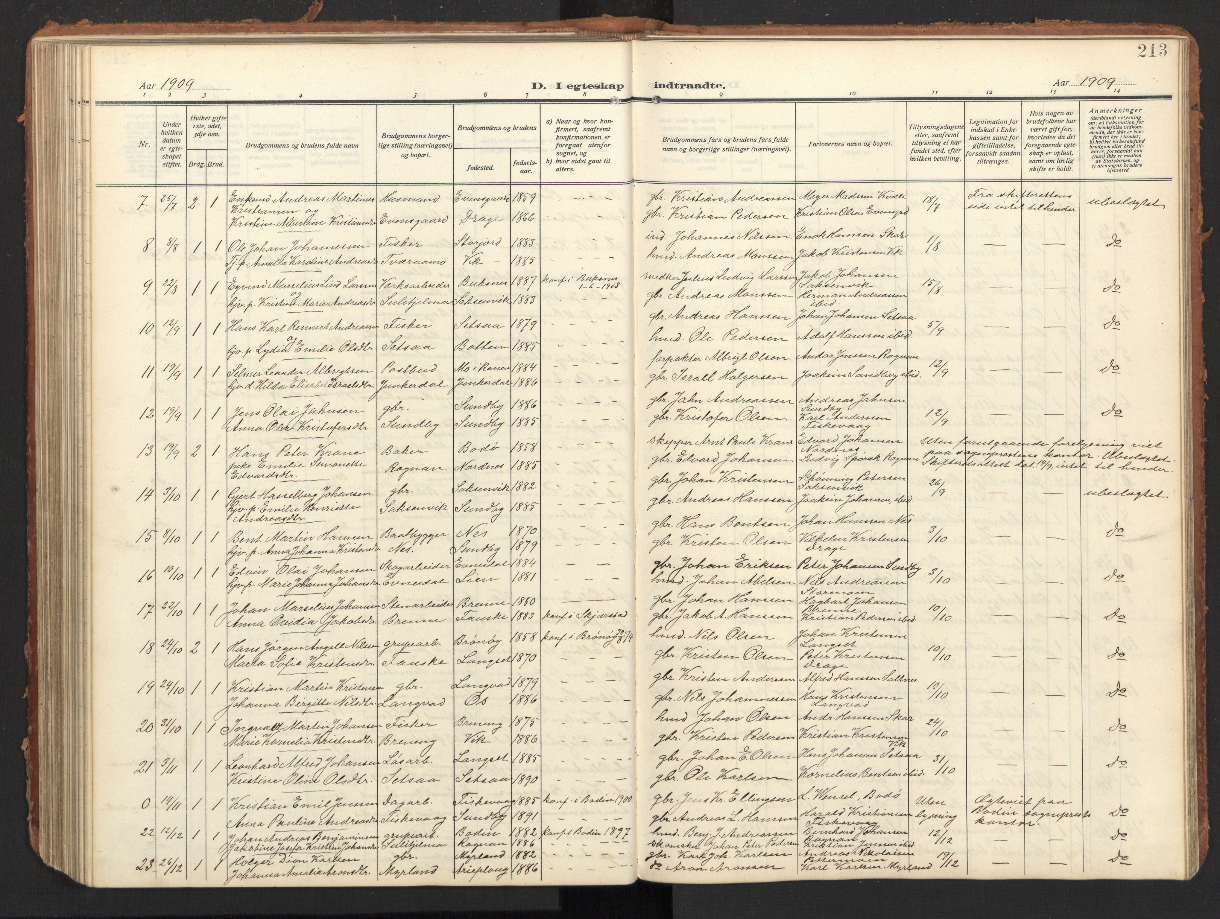 Ministerialprotokoller, klokkerbøker og fødselsregistre - Nordland, AV/SAT-A-1459/847/L0683: Parish register (copy) no. 847C11, 1908-1929, p. 213