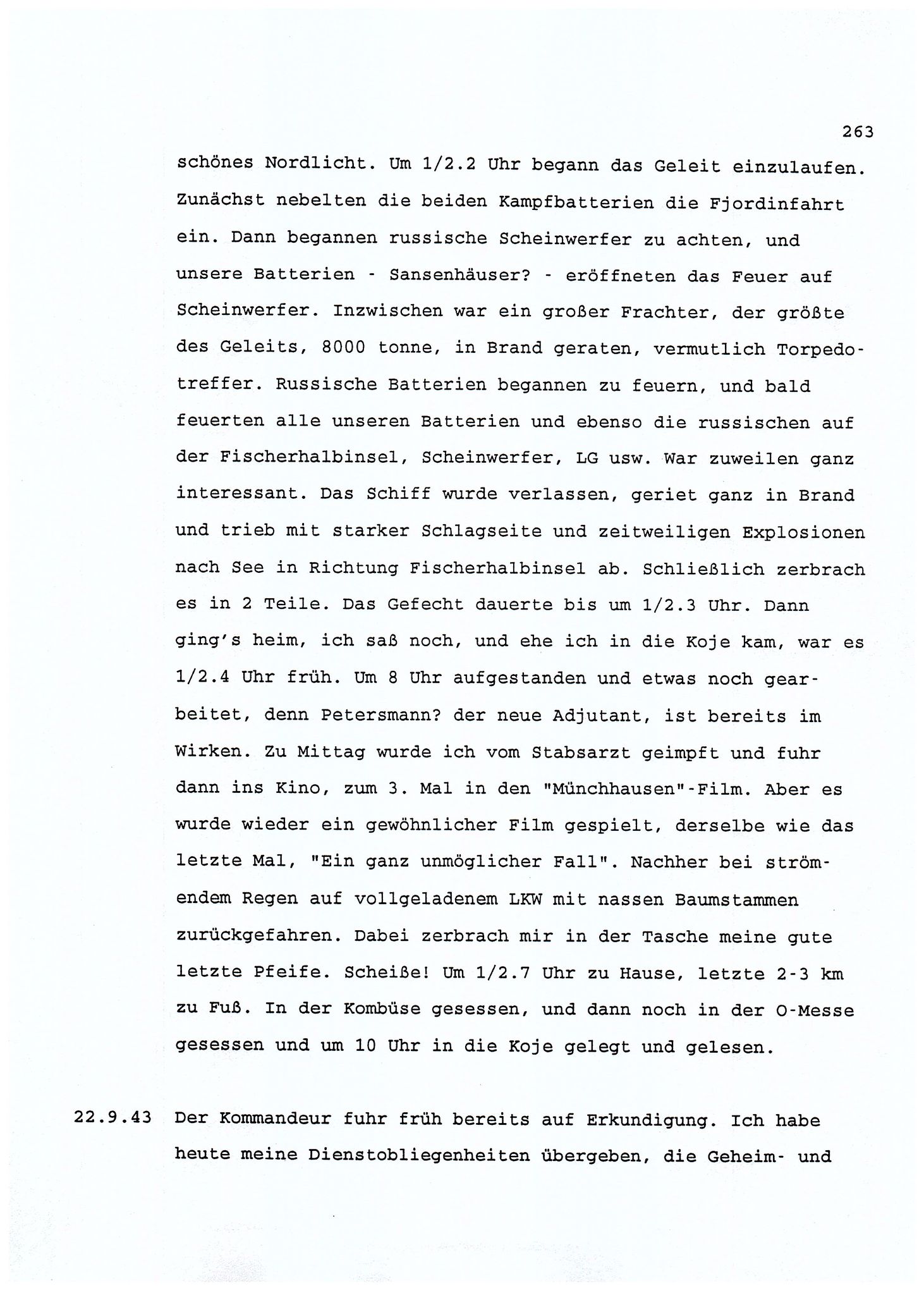 Dagbokopptegnelser av en tysk marineoffiser stasjonert i Norge , FMFB/A-1160/F/L0001: Dagbokopptegnelser av en tysk marineoffiser stasjonert i Norge, 1941-1944, p. 263