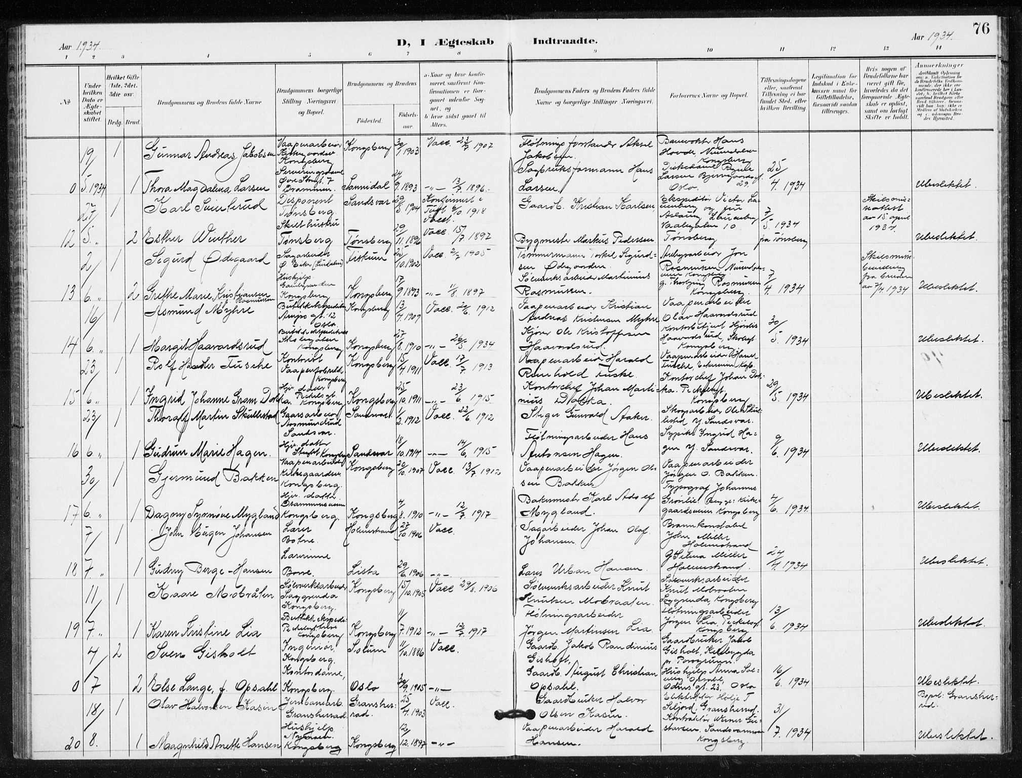 Kongsberg kirkebøker, AV/SAKO-A-22/G/Ga/L0009: Parish register (copy) no. 9, 1932-1938, p. 76