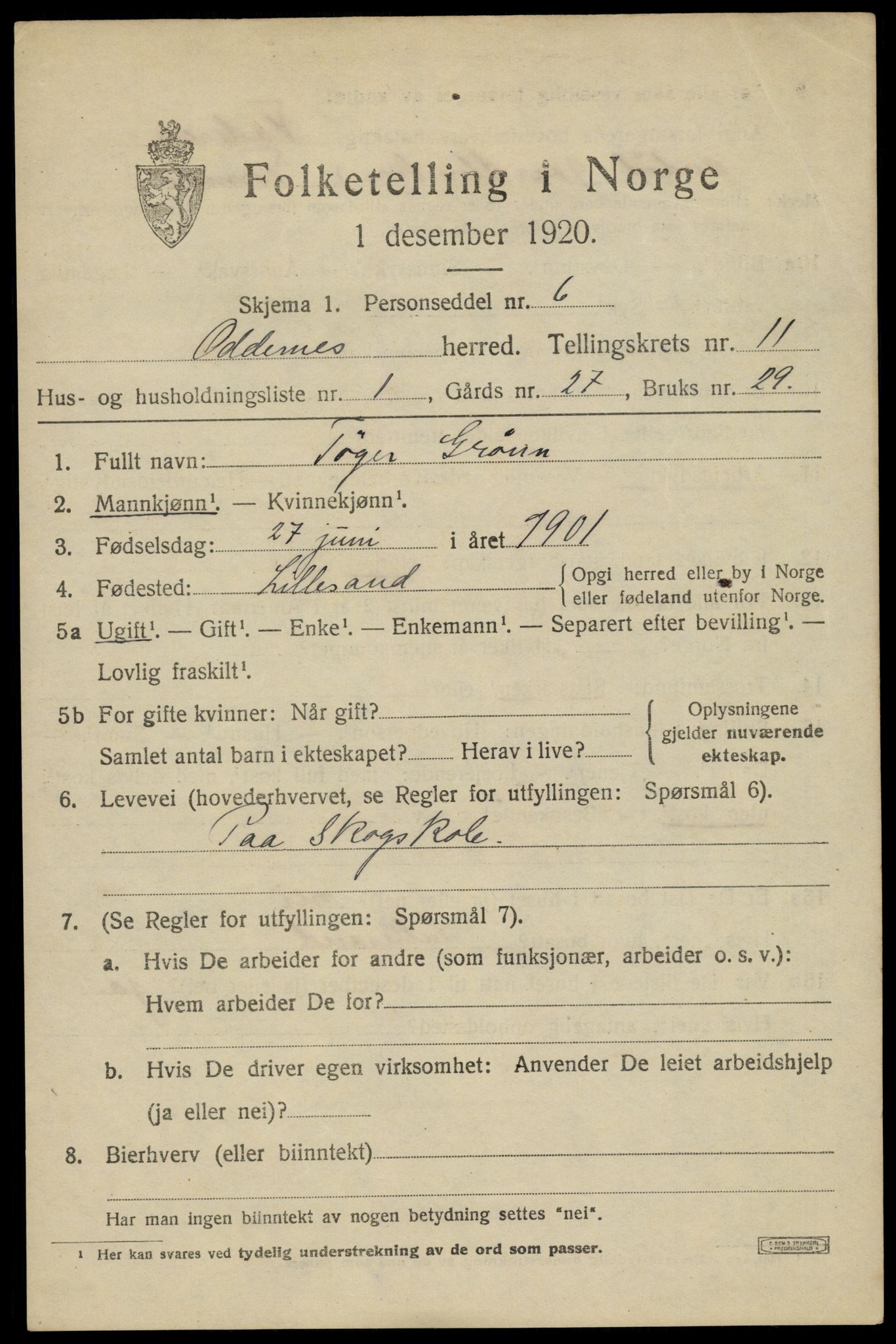 SAK, 1920 census for Oddernes, 1920, p. 7071