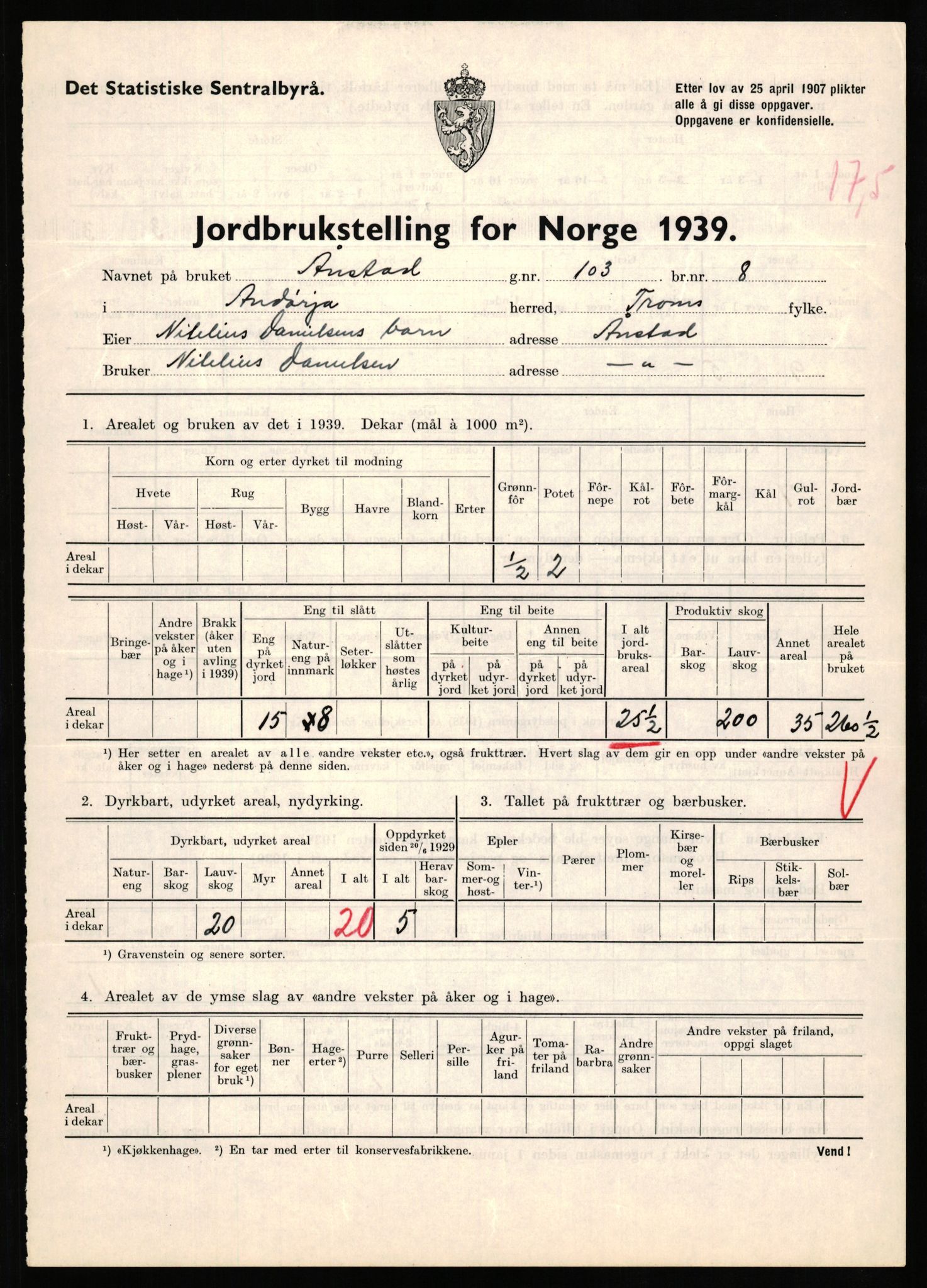 Statistisk sentralbyrå, Næringsøkonomiske emner, Jordbruk, skogbruk, jakt, fiske og fangst, AV/RA-S-2234/G/Gb/L0339: Troms: Andørja, Astafjord og Lavangen, 1939, p. 741