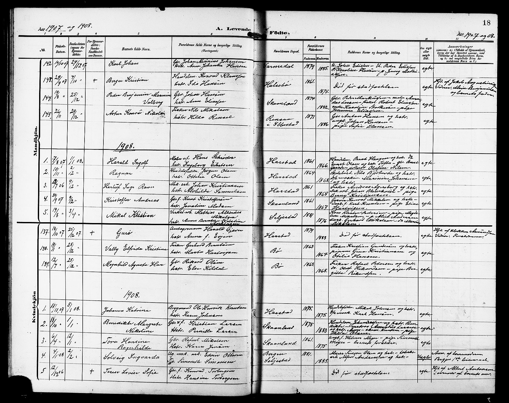 Trondenes sokneprestkontor, SATØ/S-1319/H/Hb/L0012klokker: Parish register (copy) no. 12, 1907-1916, p. 18