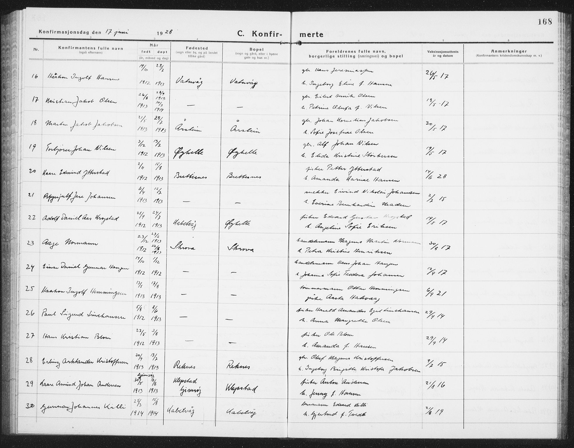 Ministerialprotokoller, klokkerbøker og fødselsregistre - Nordland, AV/SAT-A-1459/874/L1081: Parish register (copy) no. 874C10, 1925-1941, p. 168