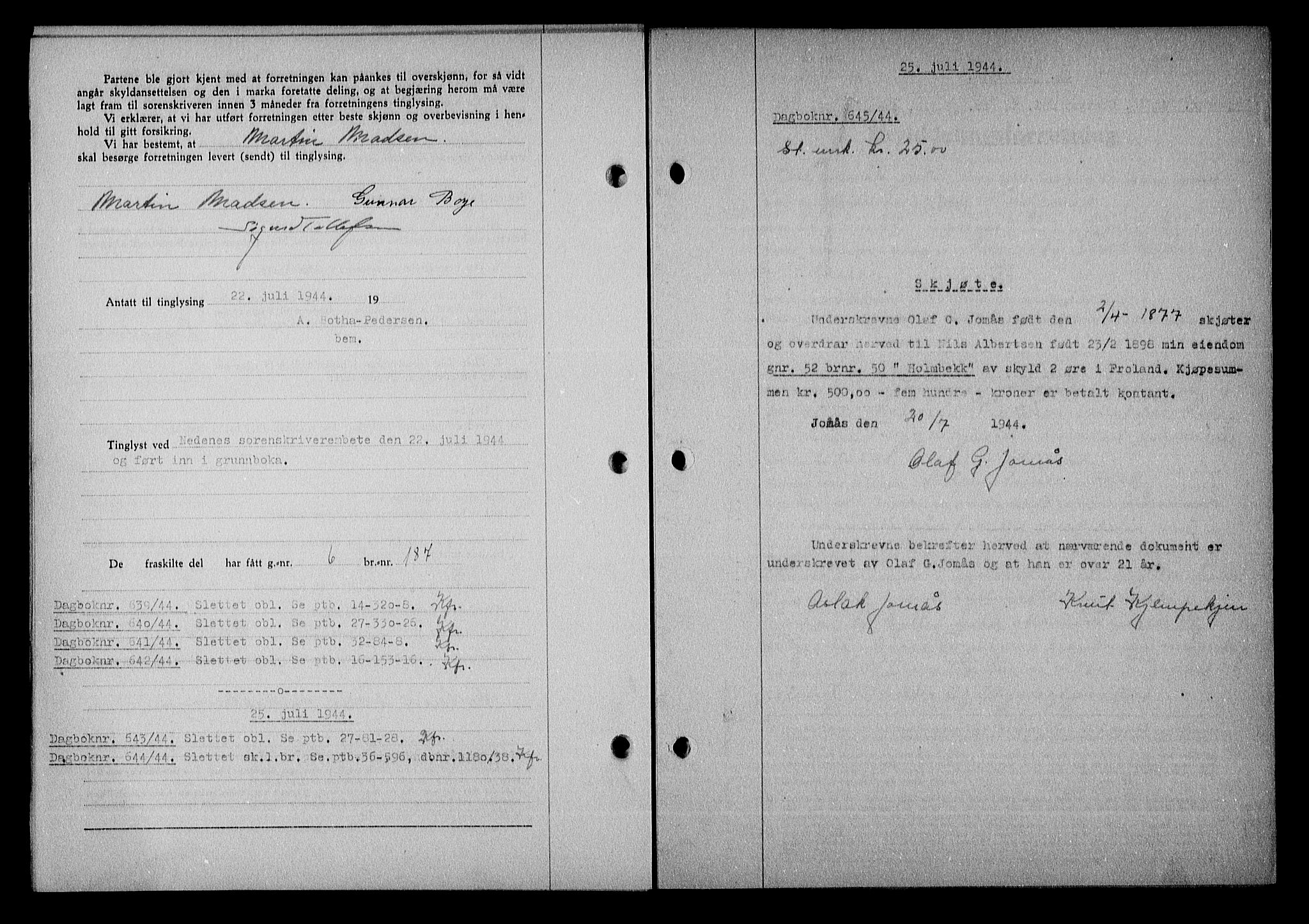Nedenes sorenskriveri, SAK/1221-0006/G/Gb/Gba/L0051: Mortgage book no. A-V, 1943-1944, Diary no: : 645/1944