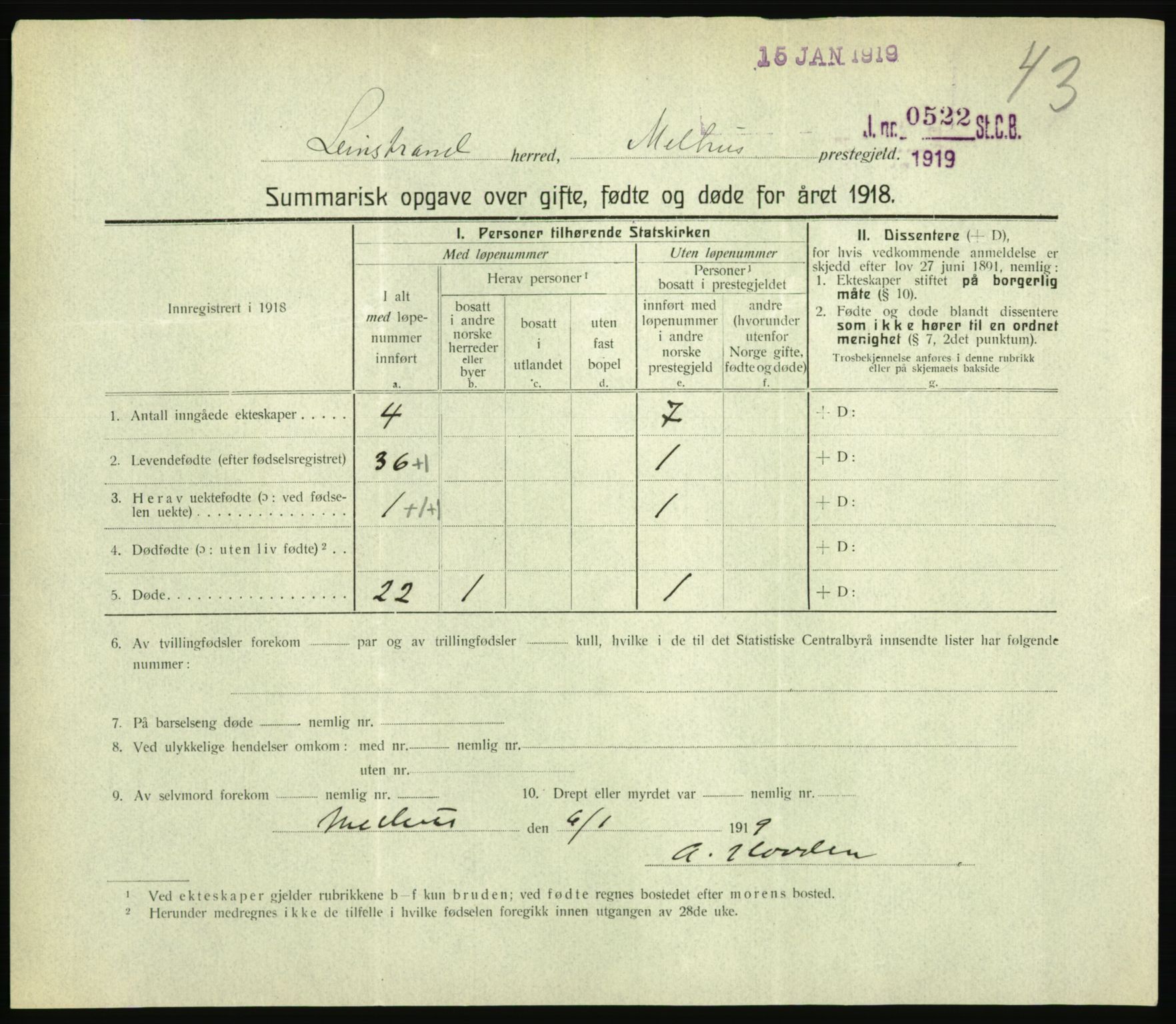 Statistisk sentralbyrå, Sosiodemografiske emner, Befolkning, RA/S-2228/D/Df/Dfb/Dfbh/L0059: Summariske oppgaver over gifte, fødte og døde for hele landet., 1918, p. 1333