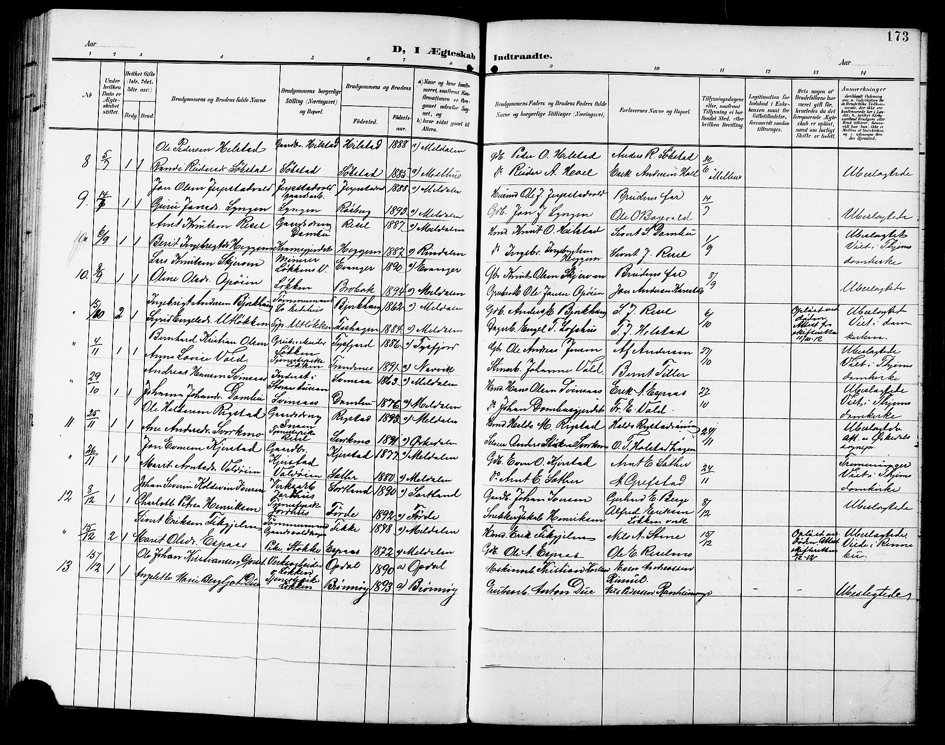 Ministerialprotokoller, klokkerbøker og fødselsregistre - Sør-Trøndelag, SAT/A-1456/672/L0864: Parish register (copy) no. 672C03, 1902-1914, p. 173