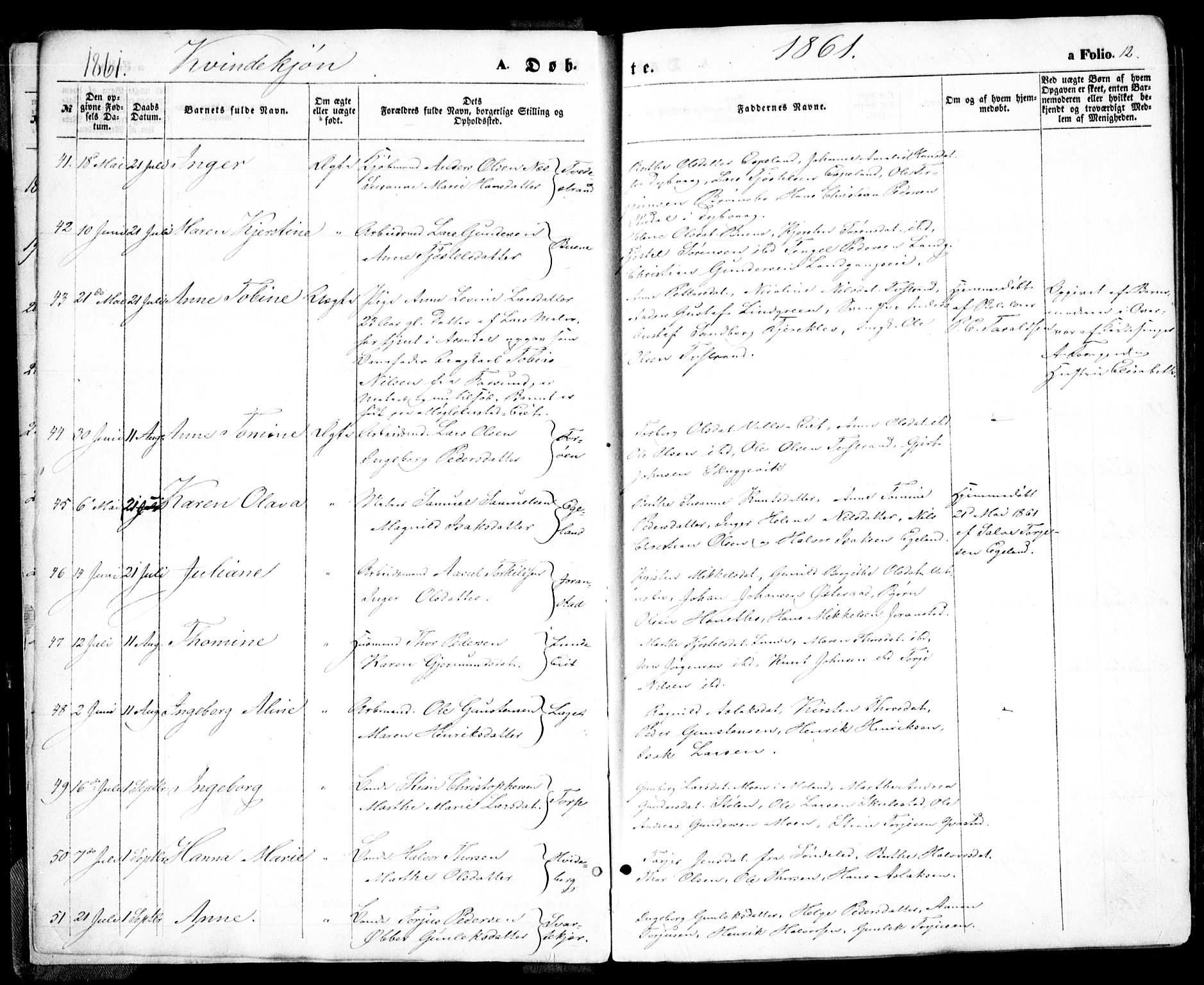 Holt sokneprestkontor, AV/SAK-1111-0021/F/Fa/L0009: Parish register (official) no. A 9, 1861-1871, p. 12