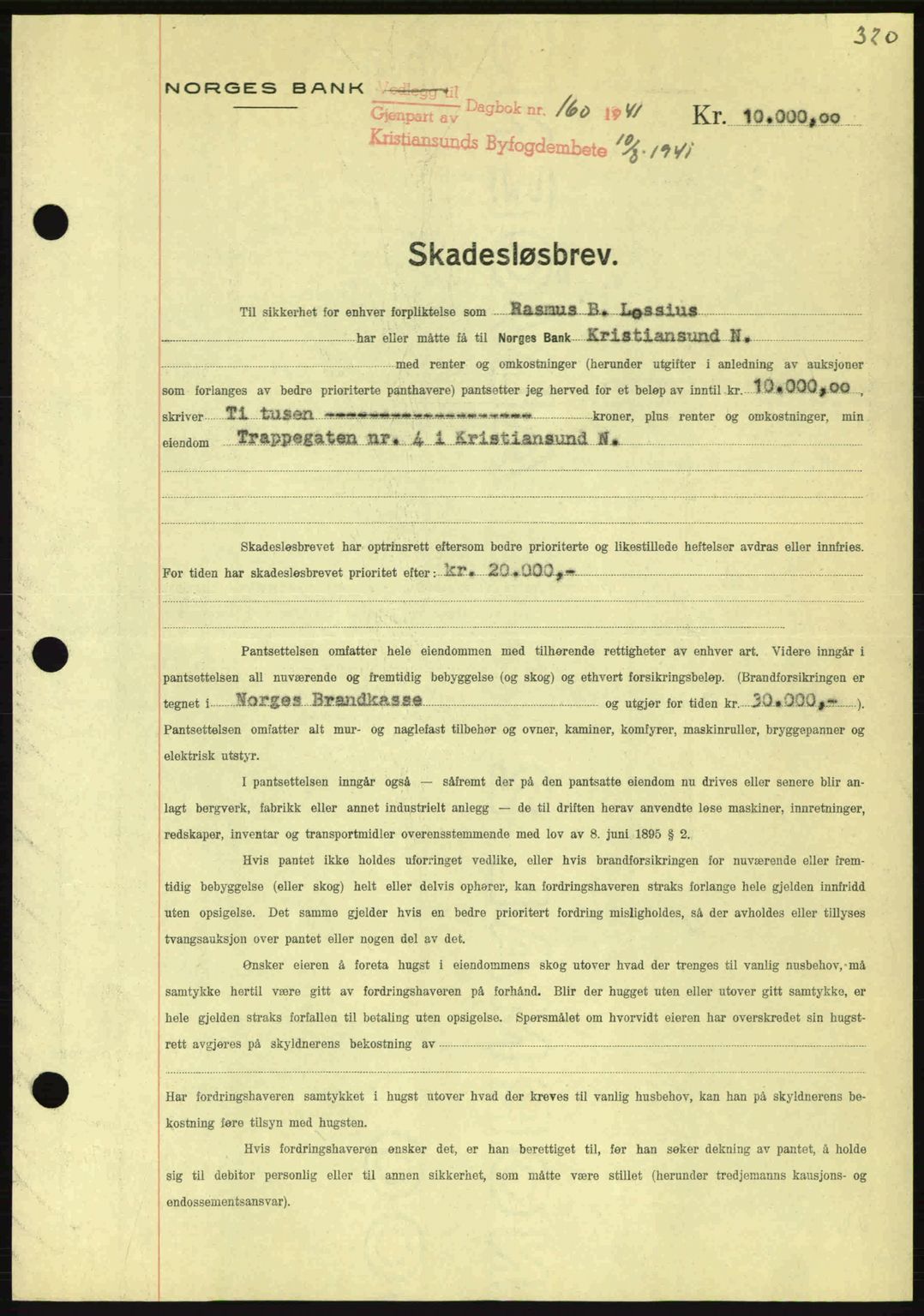 Kristiansund byfogd, AV/SAT-A-4587/A/27: Mortgage book no. 33, 1939-1941, Diary no: : 160/1941