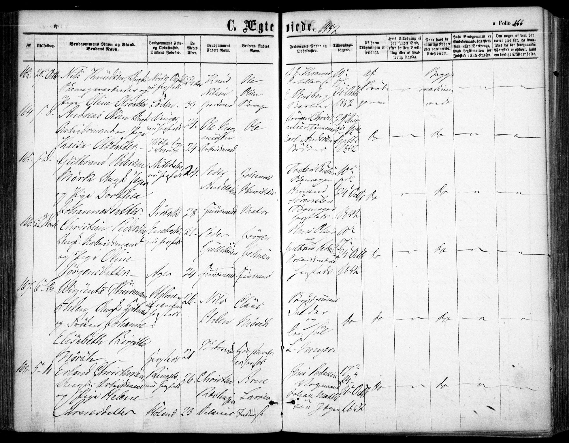 Oslo domkirke Kirkebøker, SAO/A-10752/F/Fa/L0020: Parish register (official) no. 20, 1848-1865, p. 166