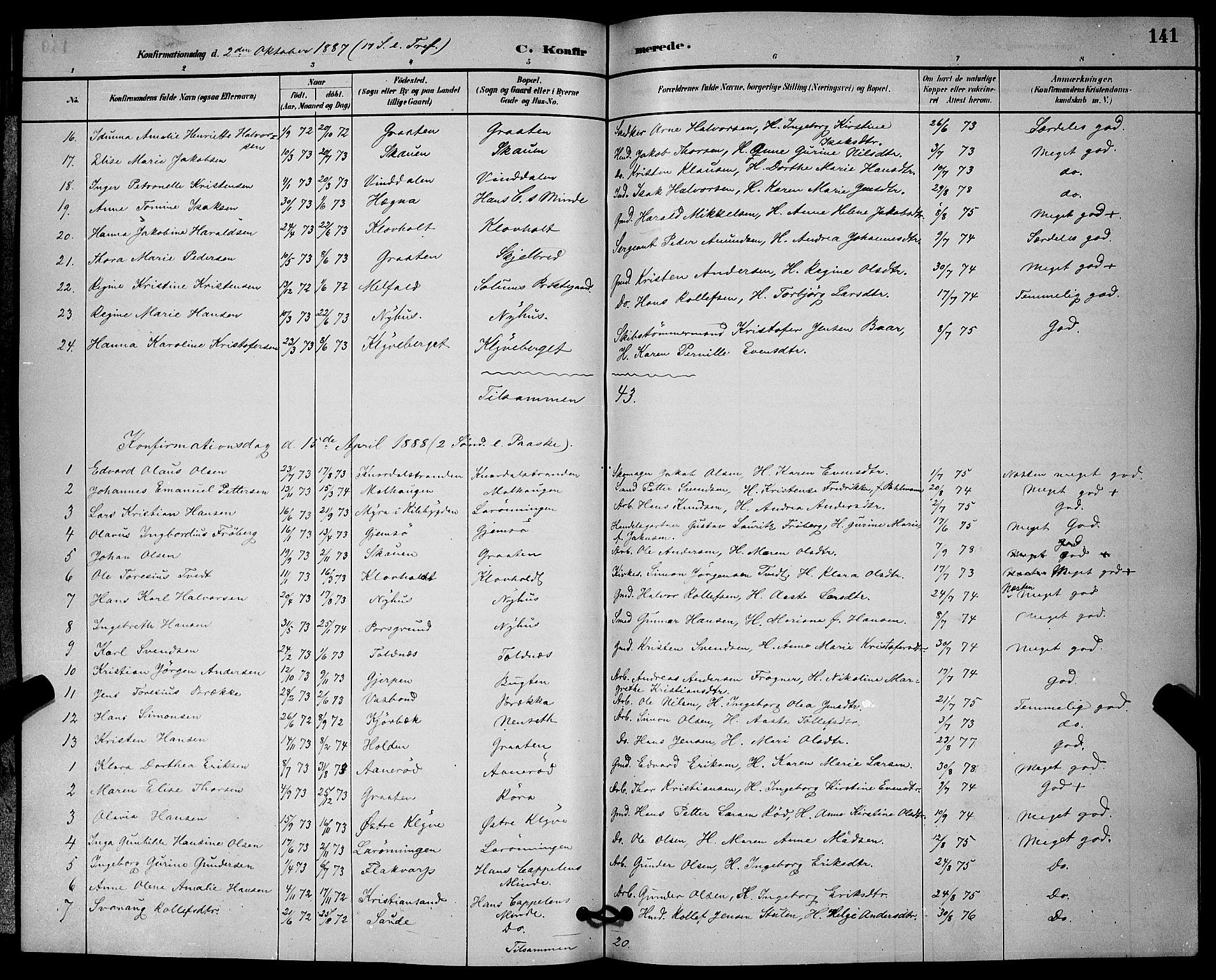 Solum kirkebøker, SAKO/A-306/G/Ga/L0007: Parish register (copy) no. I 7, 1884-1898, p. 141