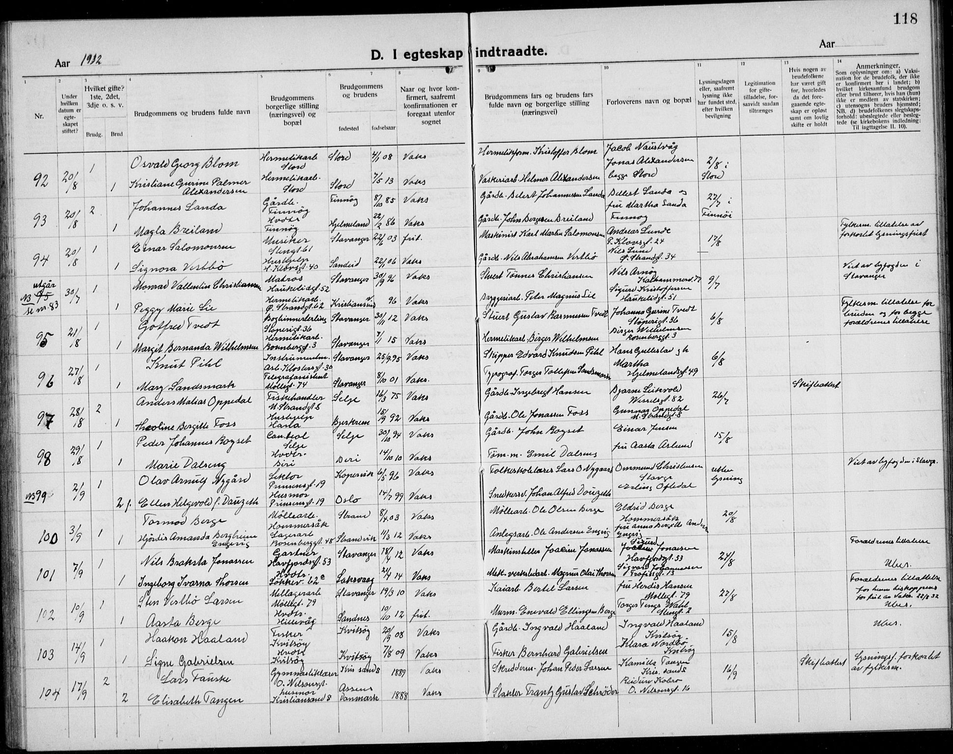 Domkirken sokneprestkontor, AV/SAST-A-101812/001/30/30BB/L0020: Parish register (copy) no. B 20, 1921-1937, p. 118