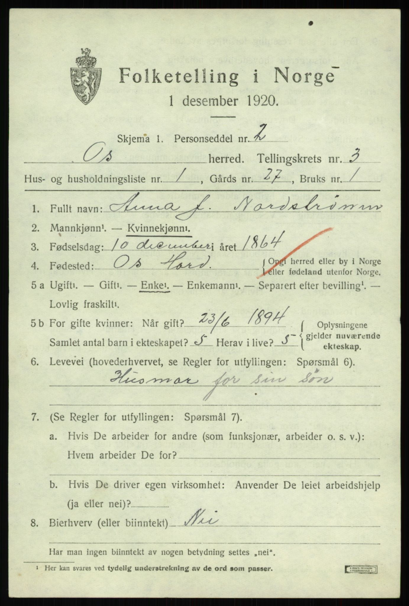 SAB, 1920 census for Os, 1920, p. 2586