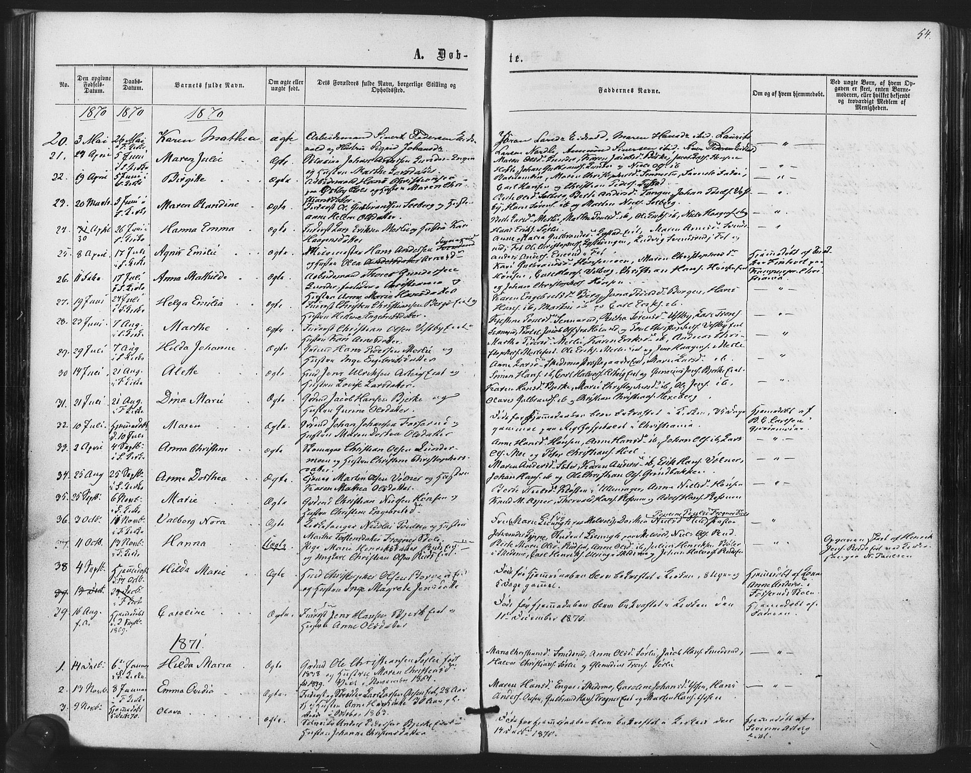 Sørum prestekontor Kirkebøker, SAO/A-10303/F/Fa/L0006: Parish register (official) no. I 6, 1864-1877, p. 54