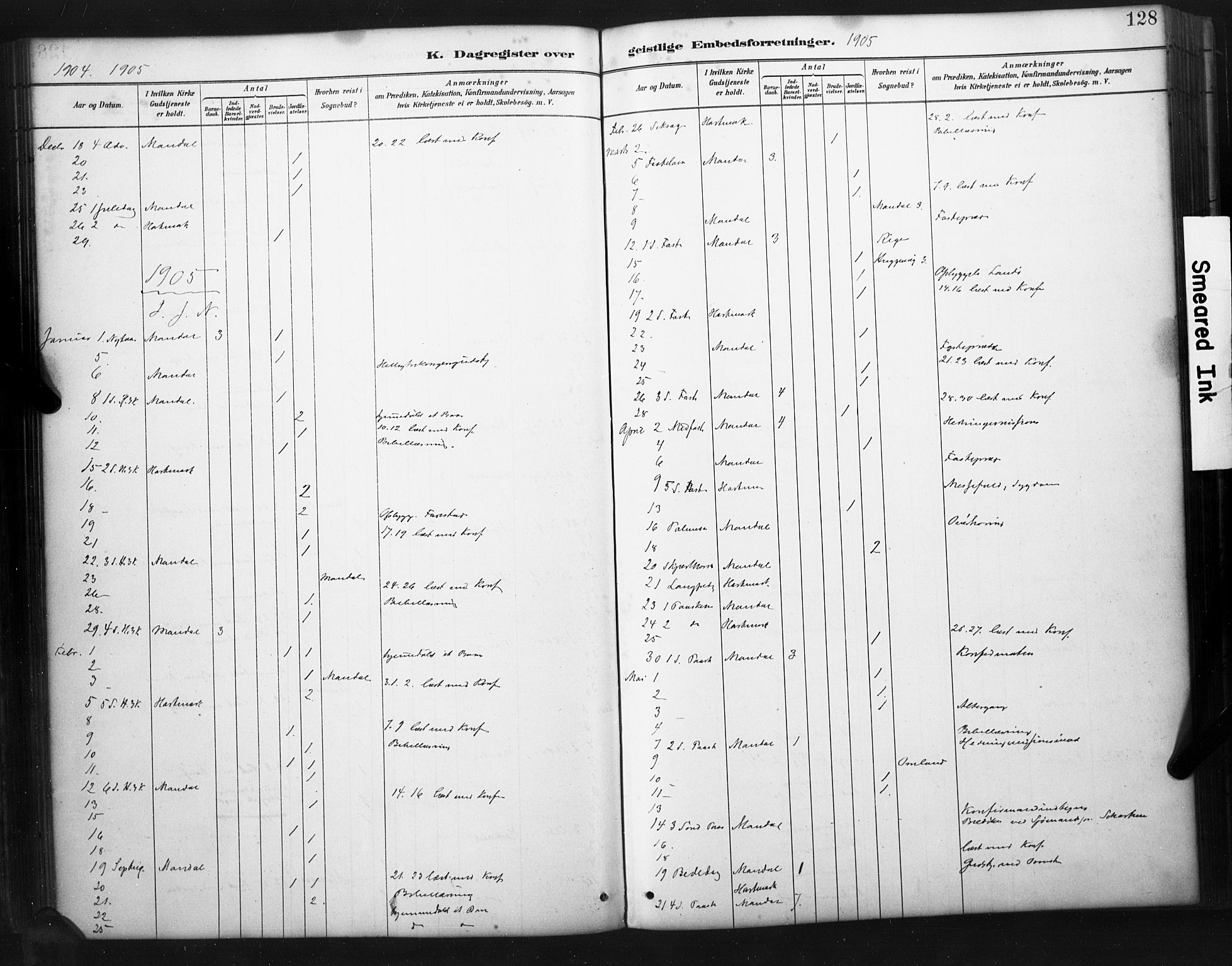 Mandal sokneprestkontor, AV/SAK-1111-0030/F/Fa/Faa/L0017: Parish register (official) no. A 17, 1880-1926, p. 128