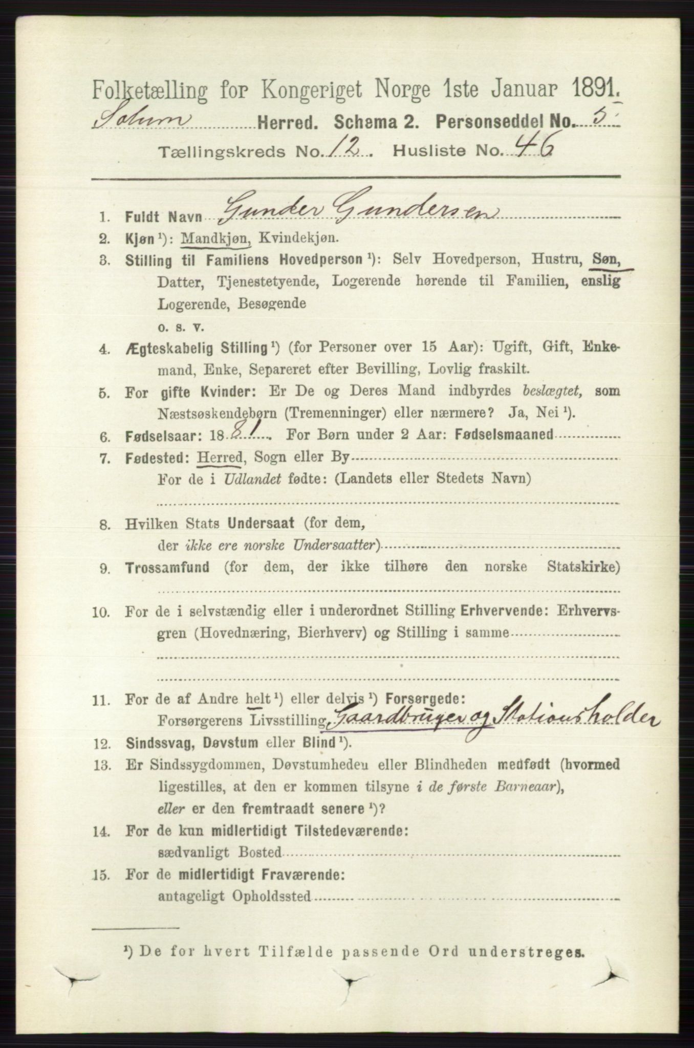 RA, 1891 census for 0818 Solum, 1891, p. 5881