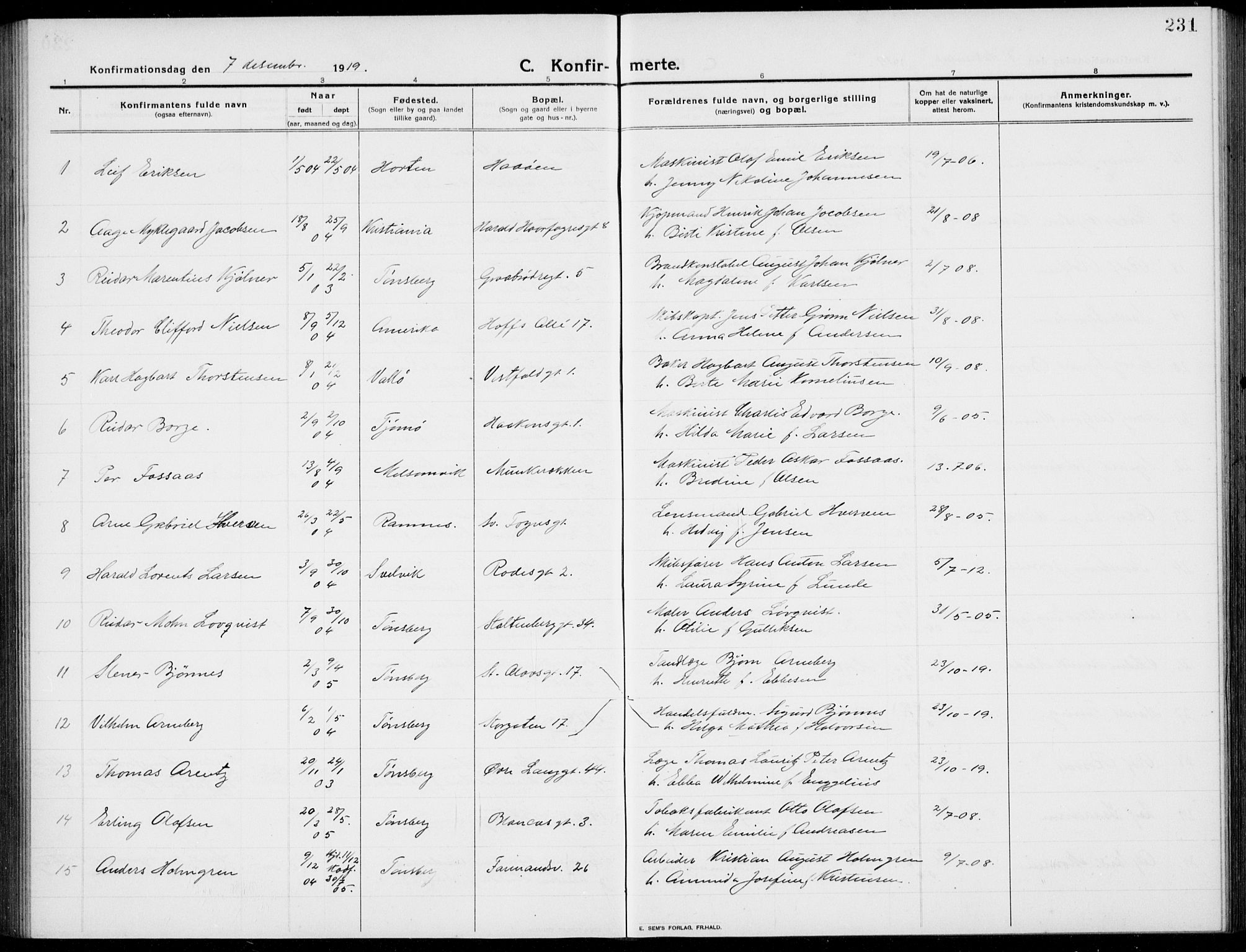 Tønsberg kirkebøker, AV/SAKO-A-330/G/Ga/L0009: Parish register (copy) no. 9, 1913-1920, p. 231