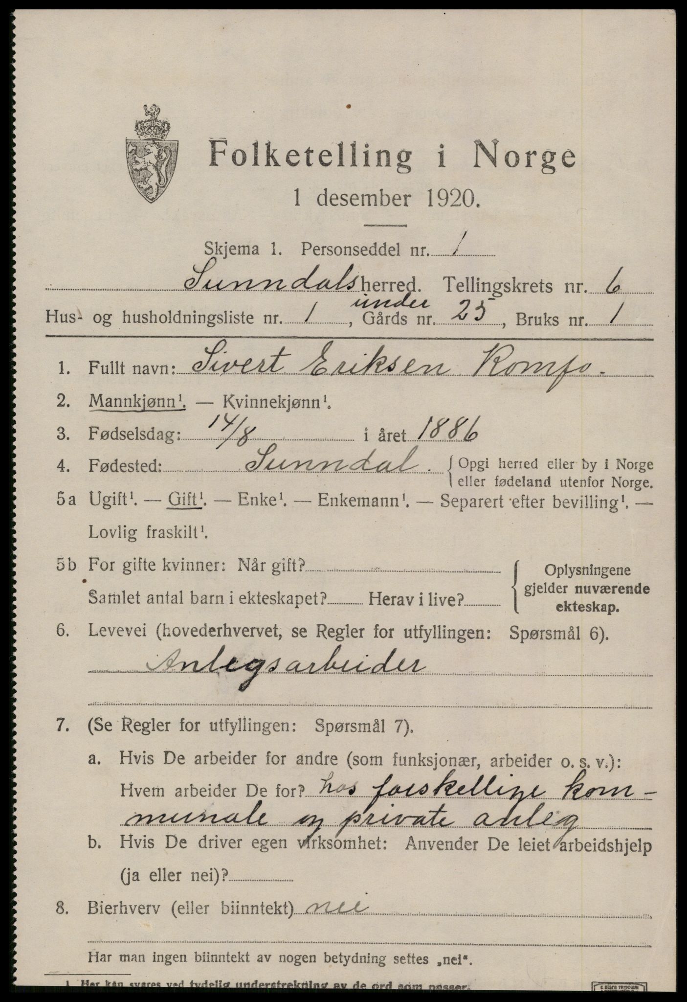 SAT, 1920 census for Sunndal, 1920, p. 3564