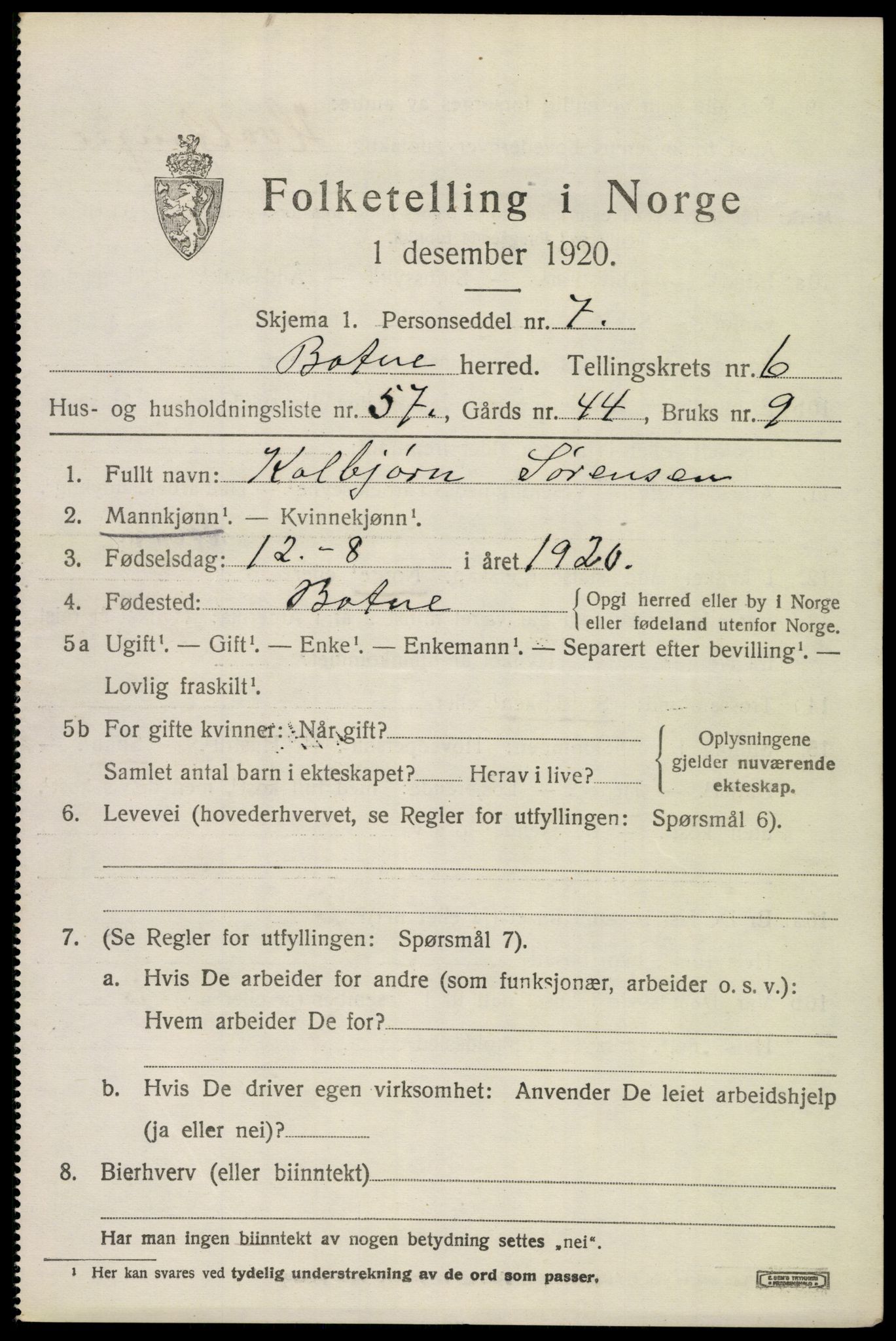 SAKO, 1920 census for Botne, 1920, p. 5715