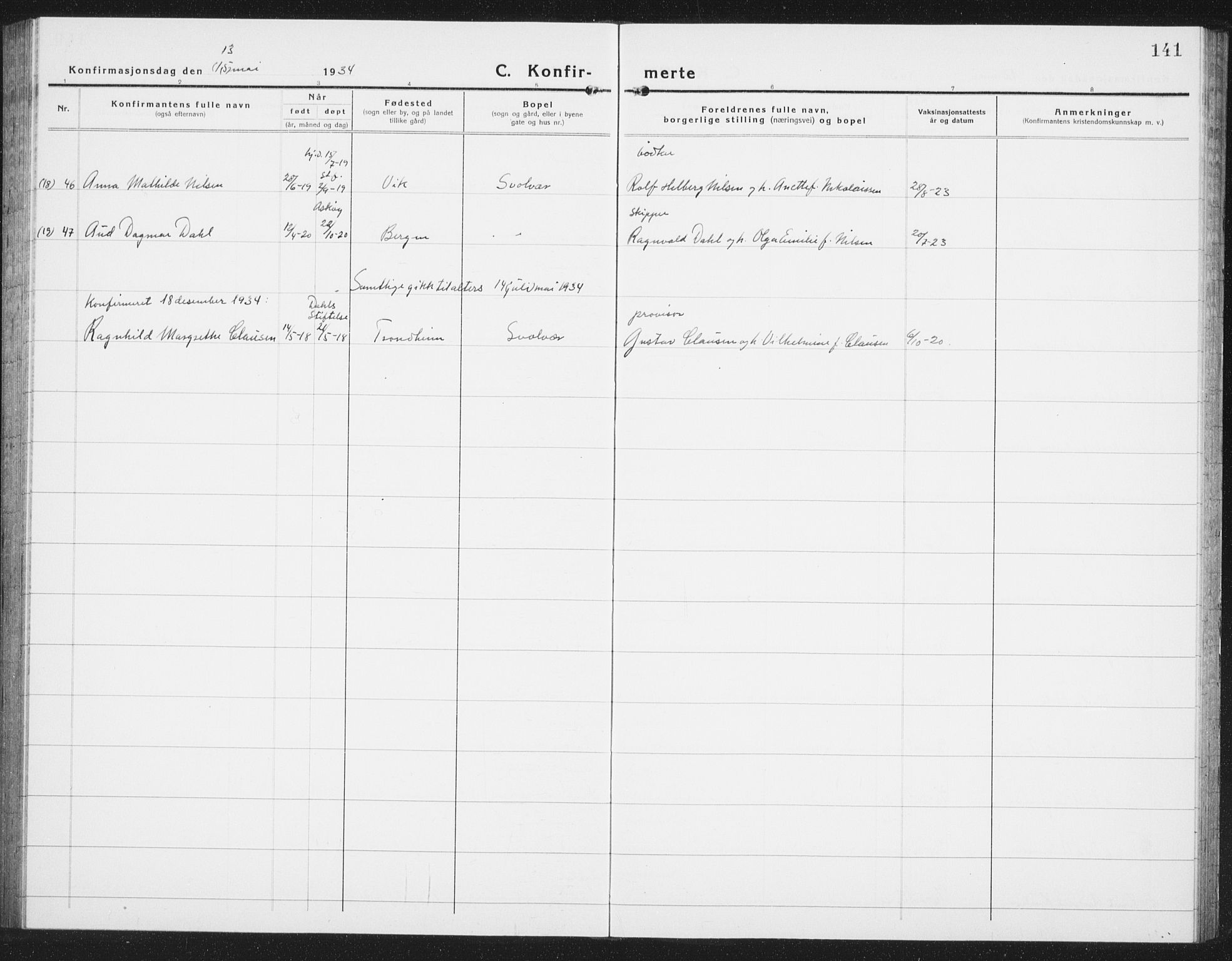 Ministerialprotokoller, klokkerbøker og fødselsregistre - Nordland, AV/SAT-A-1459/877/L1117: Parish register (copy) no. 877C01, 1923-1942, p. 141