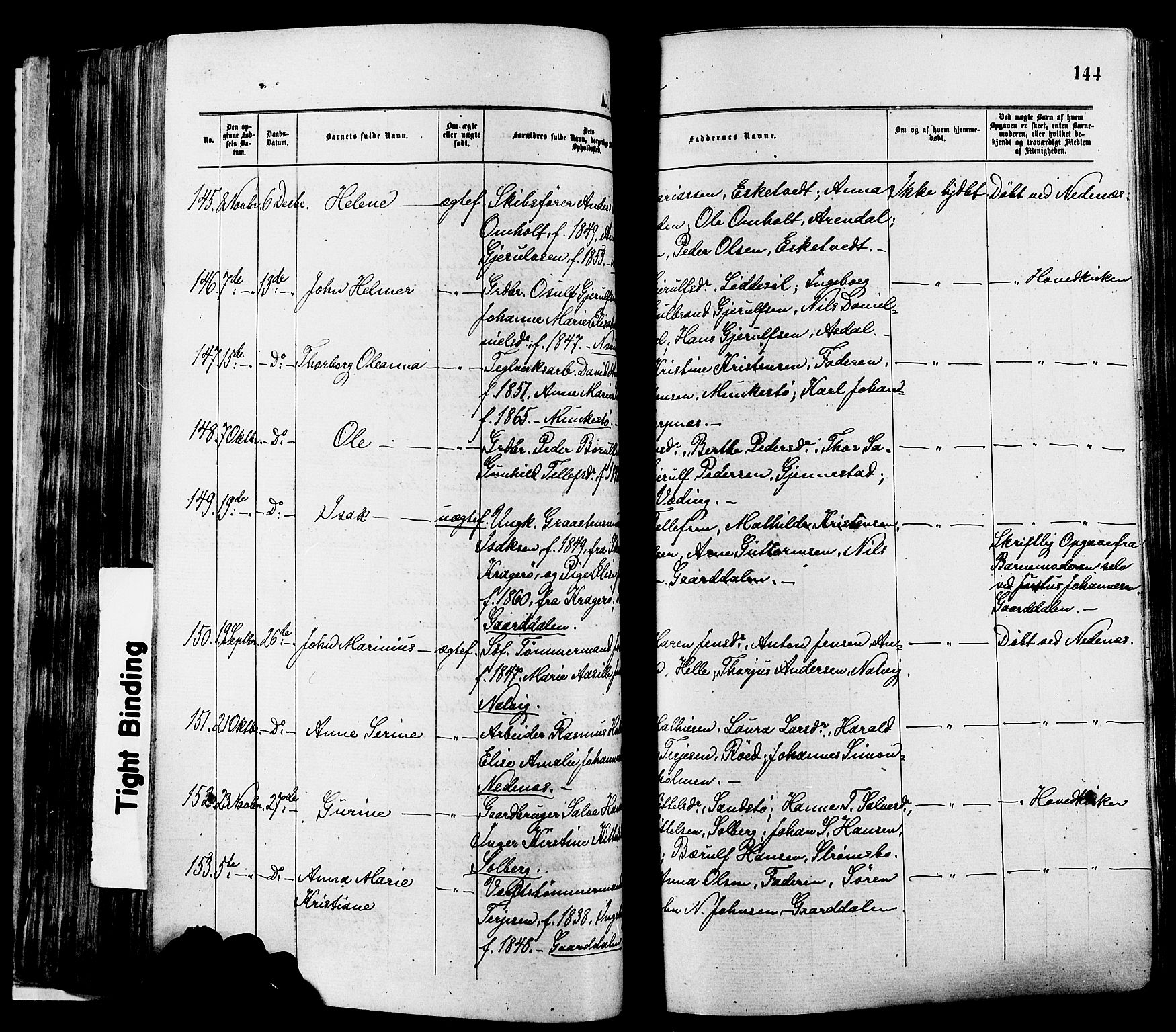 Øyestad sokneprestkontor, AV/SAK-1111-0049/F/Fa/L0016: Parish register (official) no. A 16, 1874-1886, p. 144