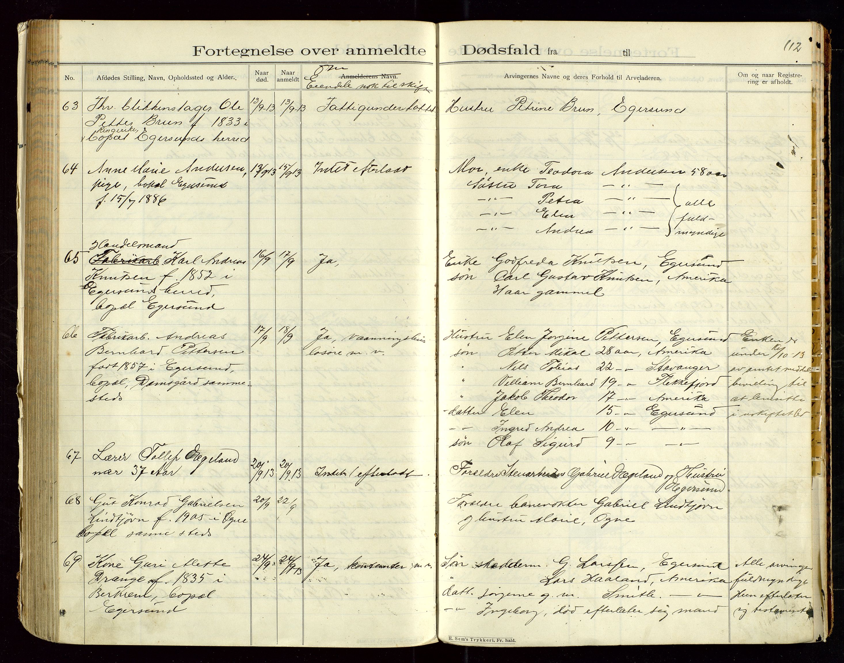 Eigersund lensmannskontor, SAST/A-100171/Gga/L0005: "Dødsfalds-Protokol" m/alfabetisk navneregister, 1905-1913, p. 112