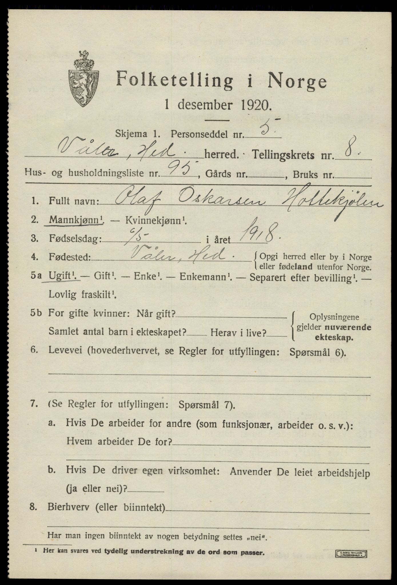 SAH, 1920 census for Våler (Hedmark), 1920, p. 9243
