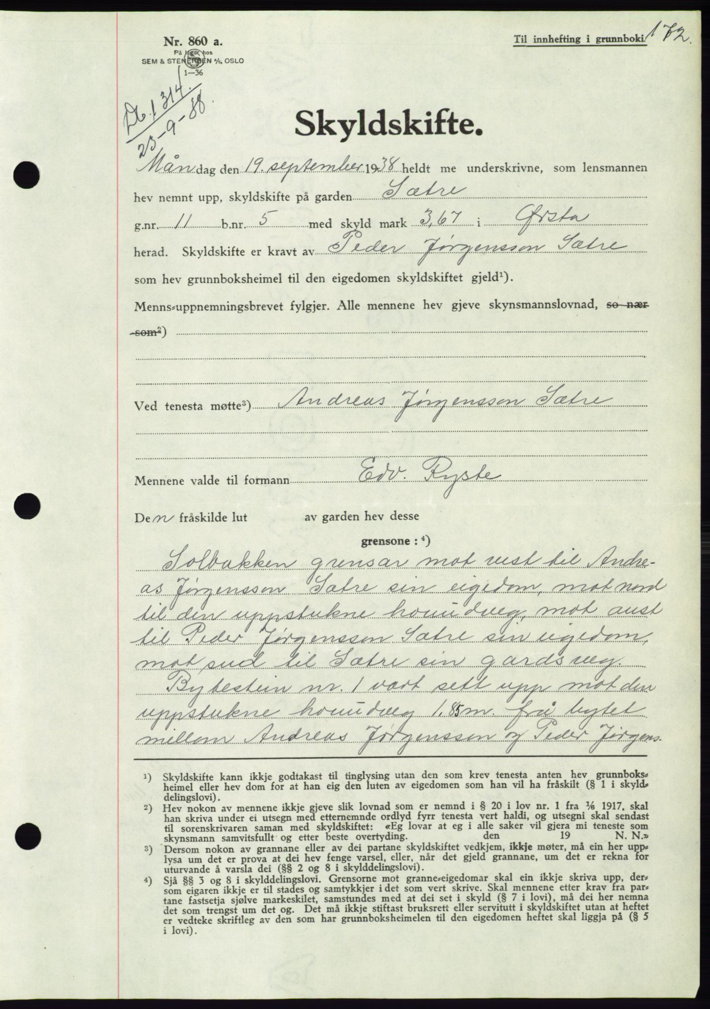 Søre Sunnmøre sorenskriveri, AV/SAT-A-4122/1/2/2C/L0066: Mortgage book no. 60, 1938-1938, Diary no: : 1314/1938