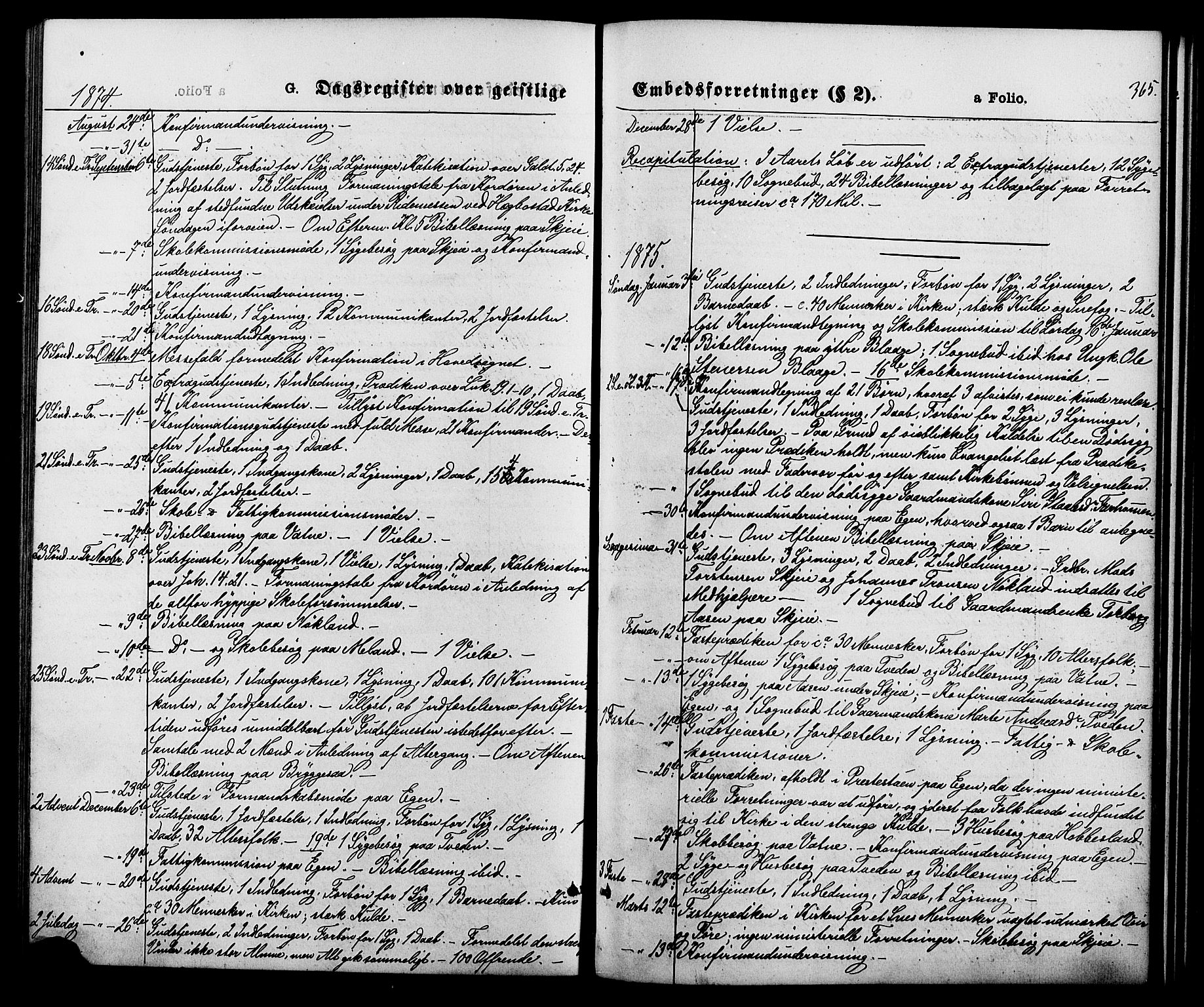 Hægebostad sokneprestkontor, SAK/1111-0024/F/Fa/Fab/L0003: Parish register (official) no. A 3, 1872-1886, p. 365