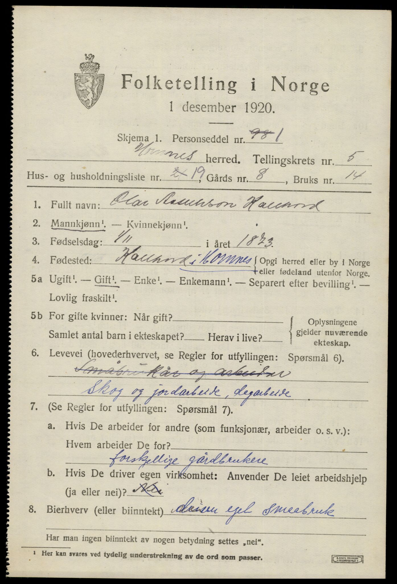 SAK, 1920 census for Hornnes, 1920, p. 1529