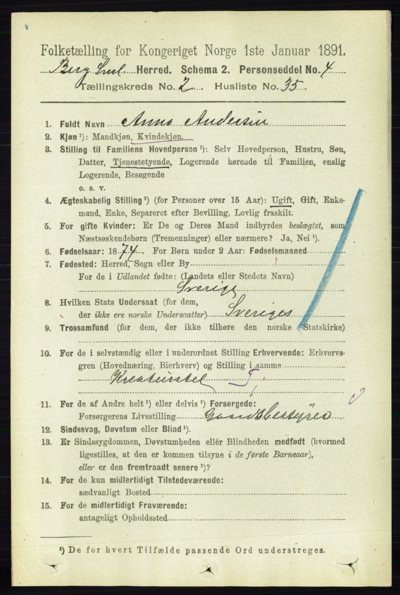 RA, 1891 census for 0116 Berg, 1891, p. 1218