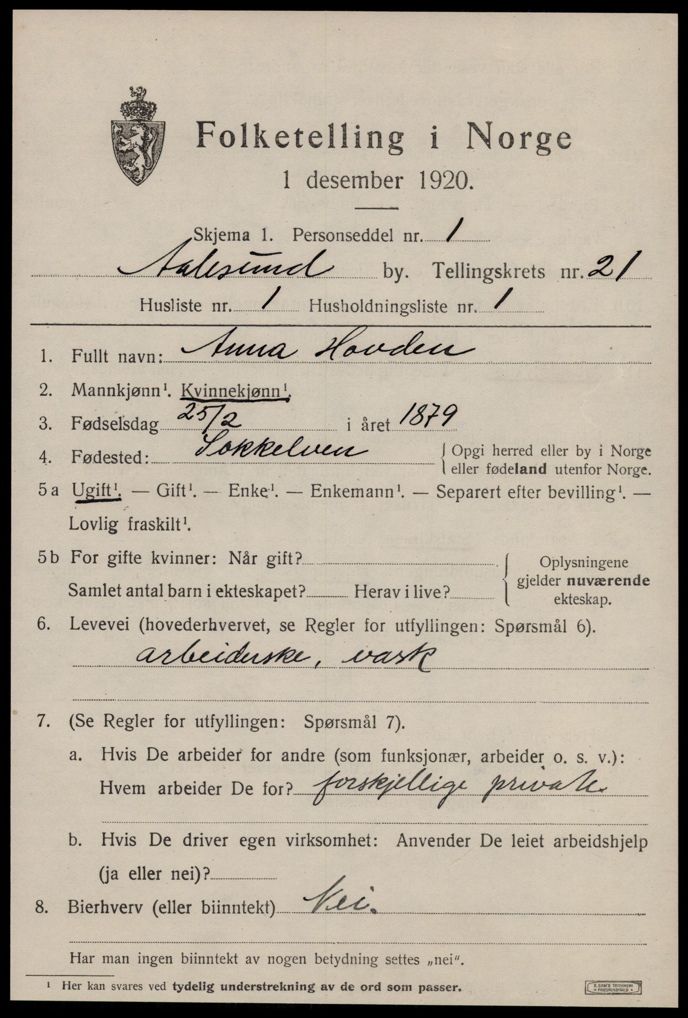 SAT, 1920 census for Ålesund, 1920, p. 39422