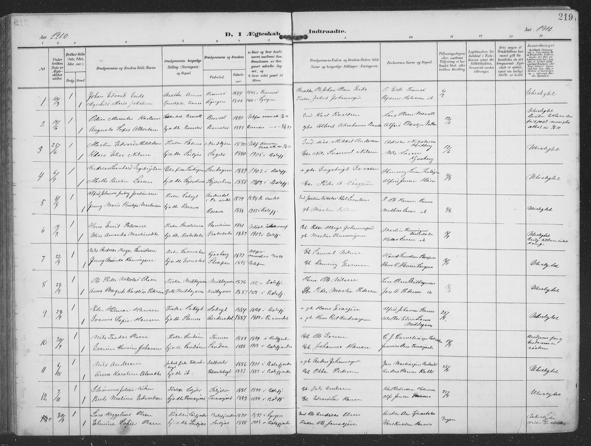 Balsfjord sokneprestembete, AV/SATØ-S-1303/G/Gab/L0009klokker: Parish register (copy) no. 9, 1906-1920, p. 219