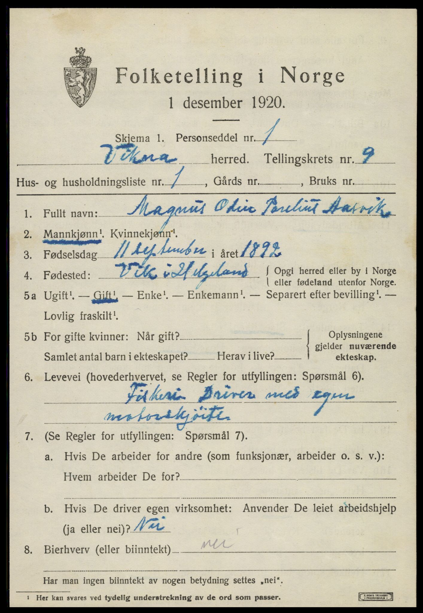 SAT, 1920 census for Vikna, 1920, p. 6441