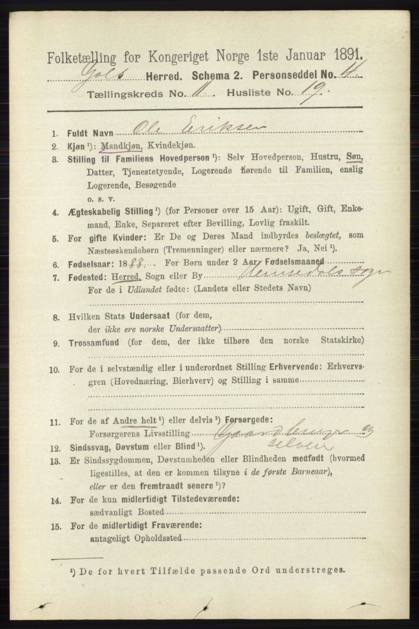 RA, 1891 census for 0617 Gol og Hemsedal, 1891, p. 4461