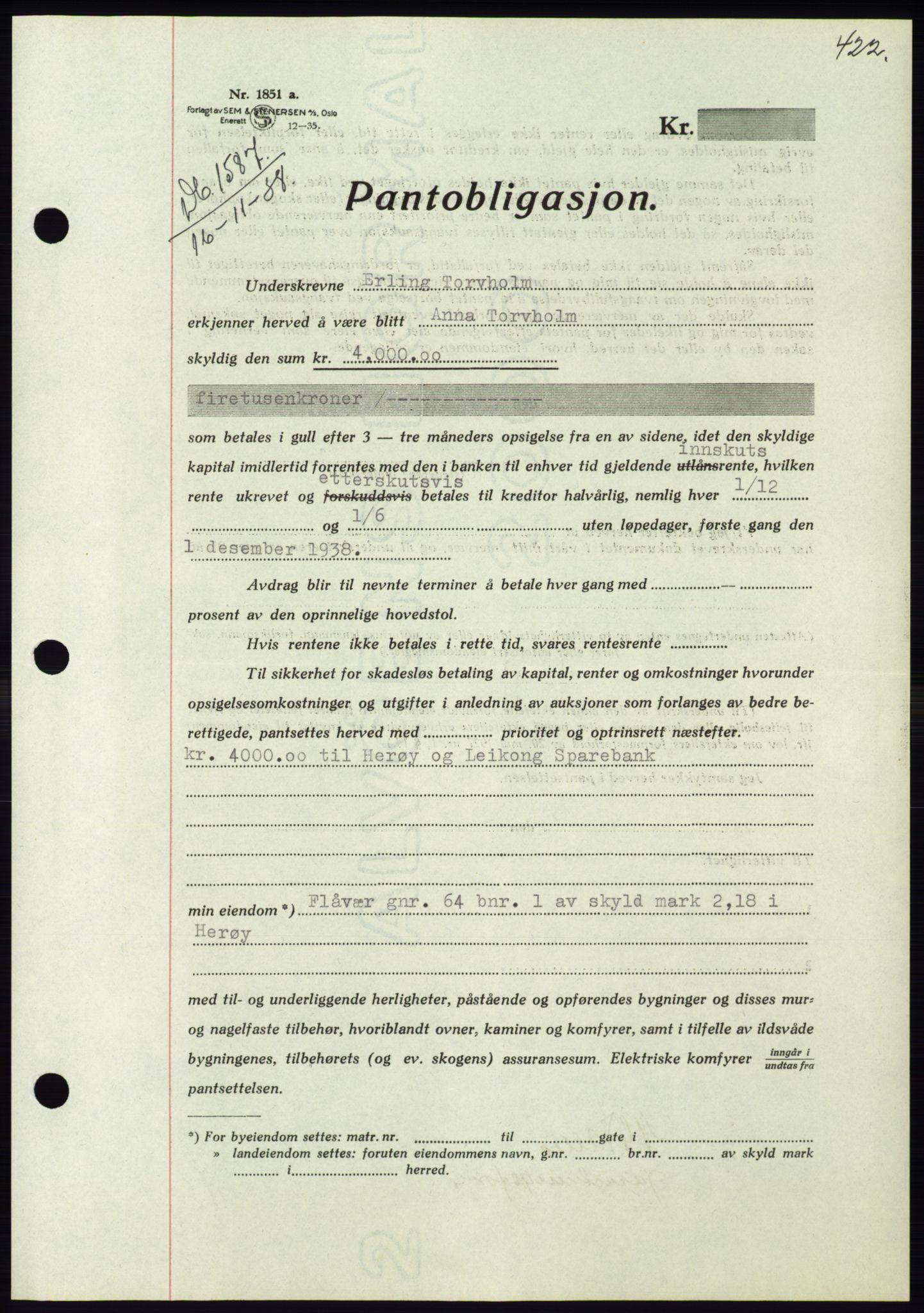 Søre Sunnmøre sorenskriveri, AV/SAT-A-4122/1/2/2C/L0066: Mortgage book no. 60, 1938-1938, Diary no: : 1587/1938