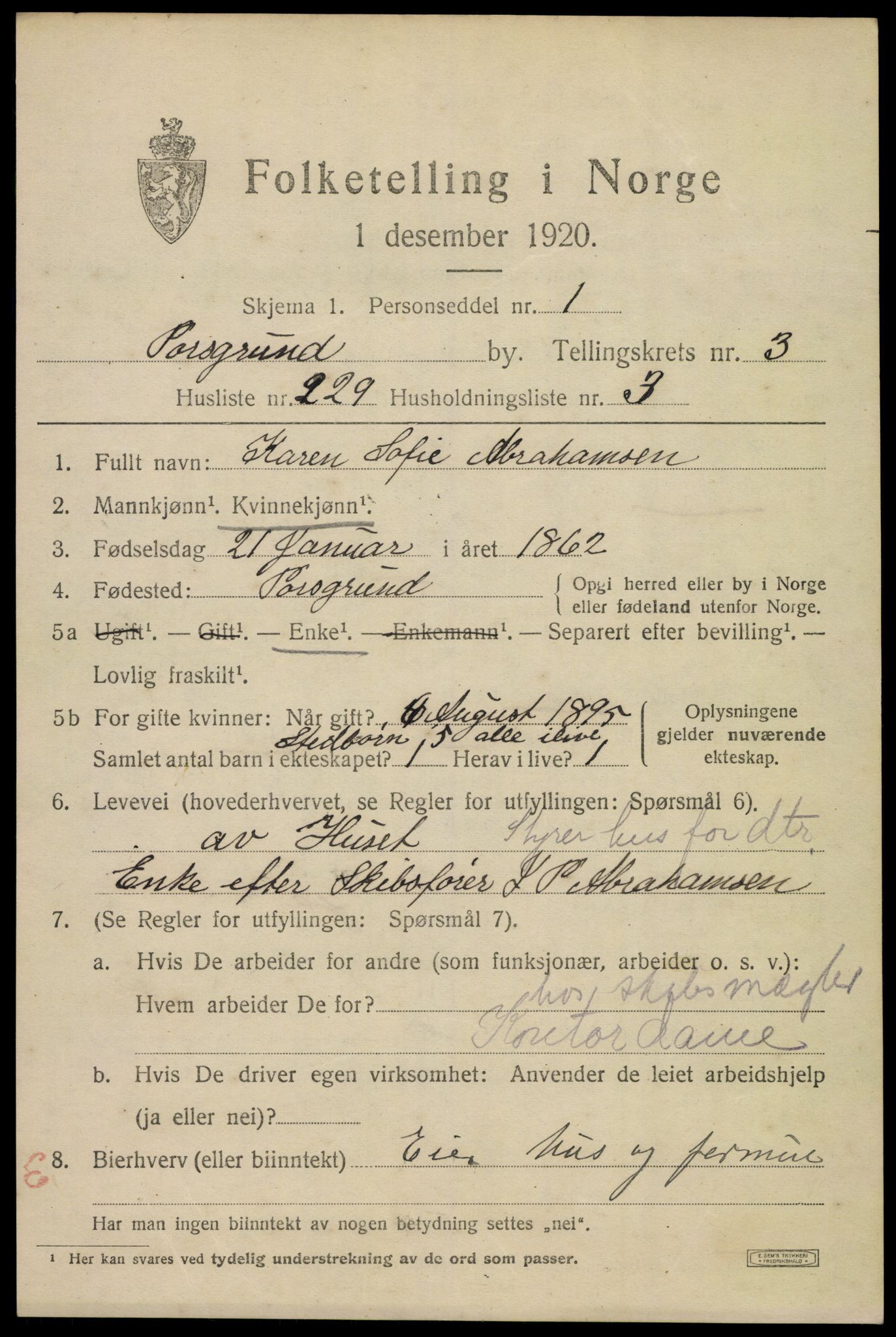 SAKO, 1920 census for Porsgrunn, 1920, p. 17327