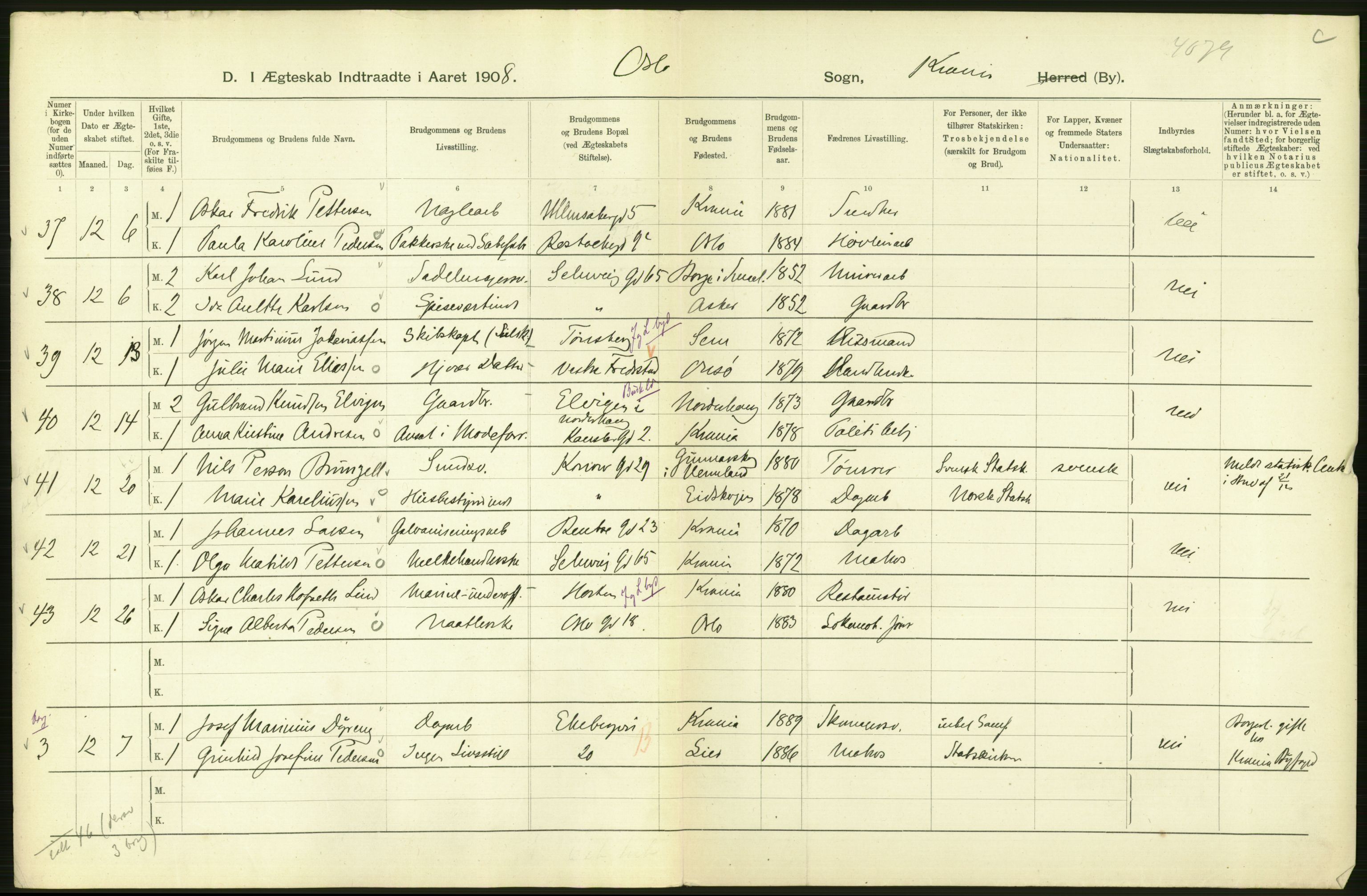 Statistisk sentralbyrå, Sosiodemografiske emner, Befolkning, AV/RA-S-2228/D/Df/Dfa/Dfaf/L0007: Kristiania: Gifte, 1908, p. 242