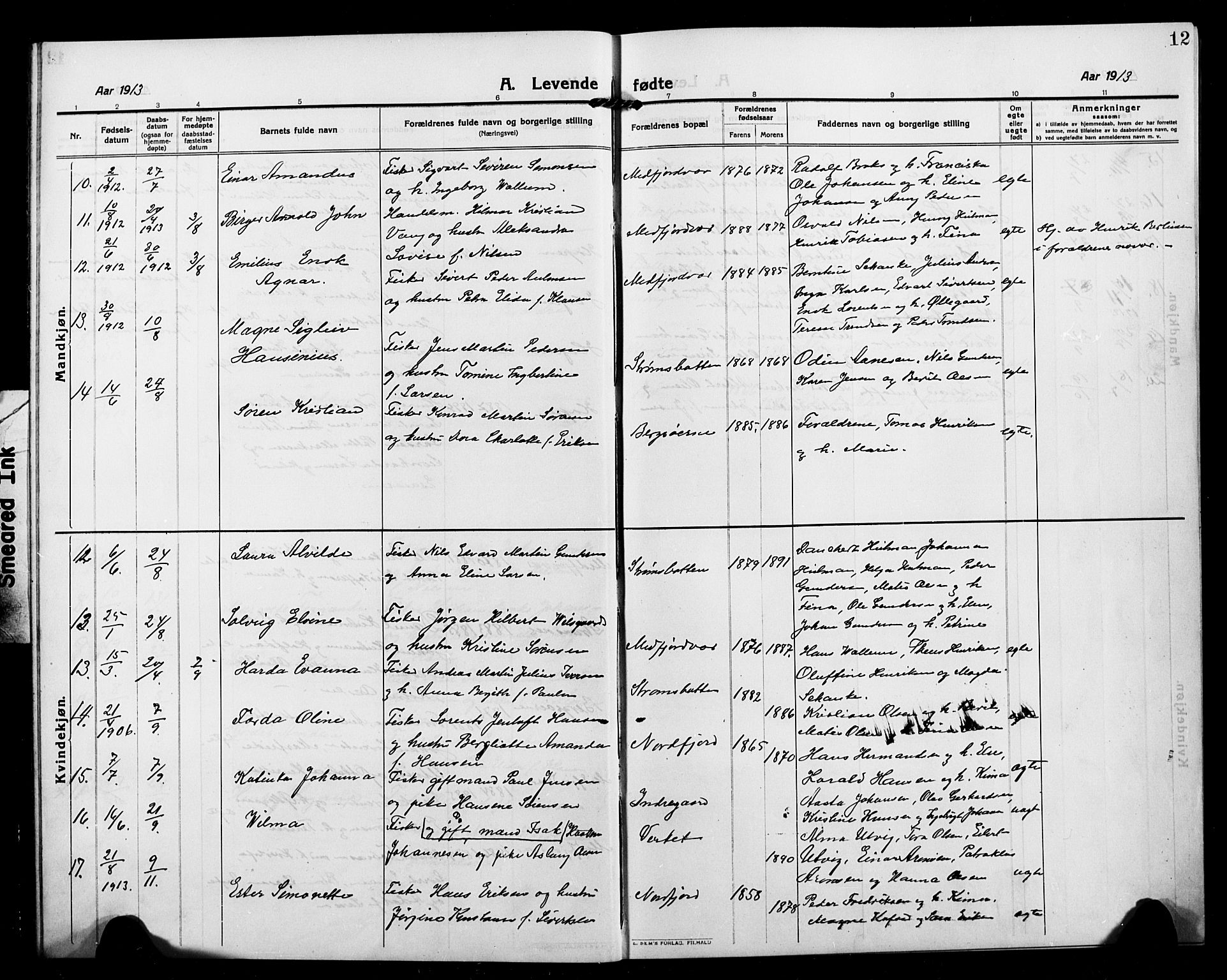 Berg sokneprestkontor, SATØ/S-1318/G/Ga/Gab/L0006klokker: Parish register (copy) no. 6, 1912-1921, p. 12