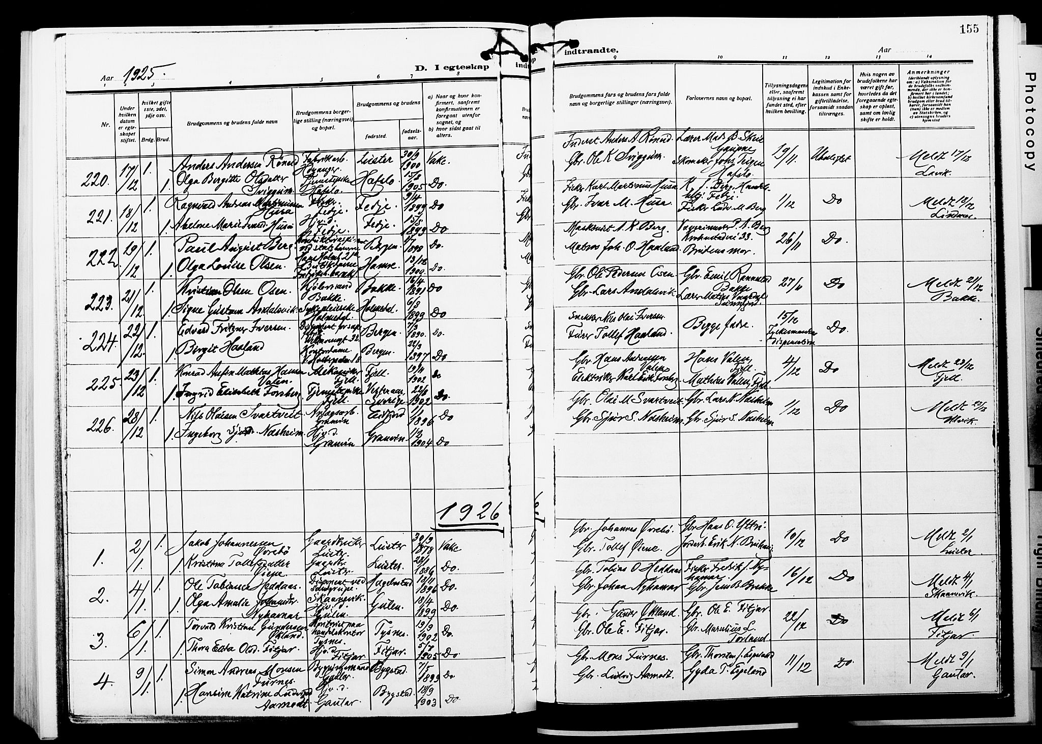 Nykirken Sokneprestembete, AV/SAB-A-77101/H/Hab: Parish register (copy) no. D 5, 1918-1926, p. 155