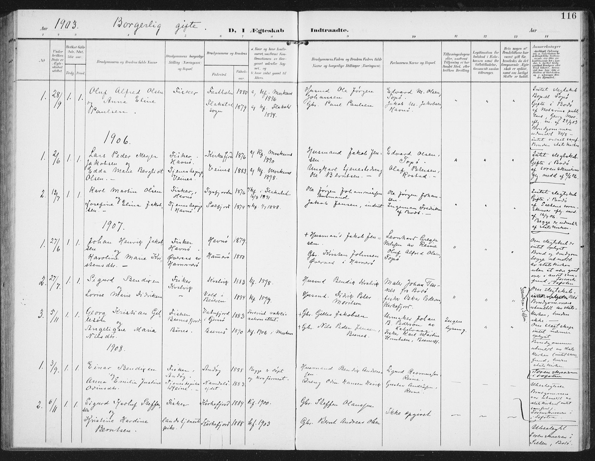 Ministerialprotokoller, klokkerbøker og fødselsregistre - Nordland, SAT/A-1459/886/L1221: Parish register (official) no. 886A03, 1903-1913, p. 116