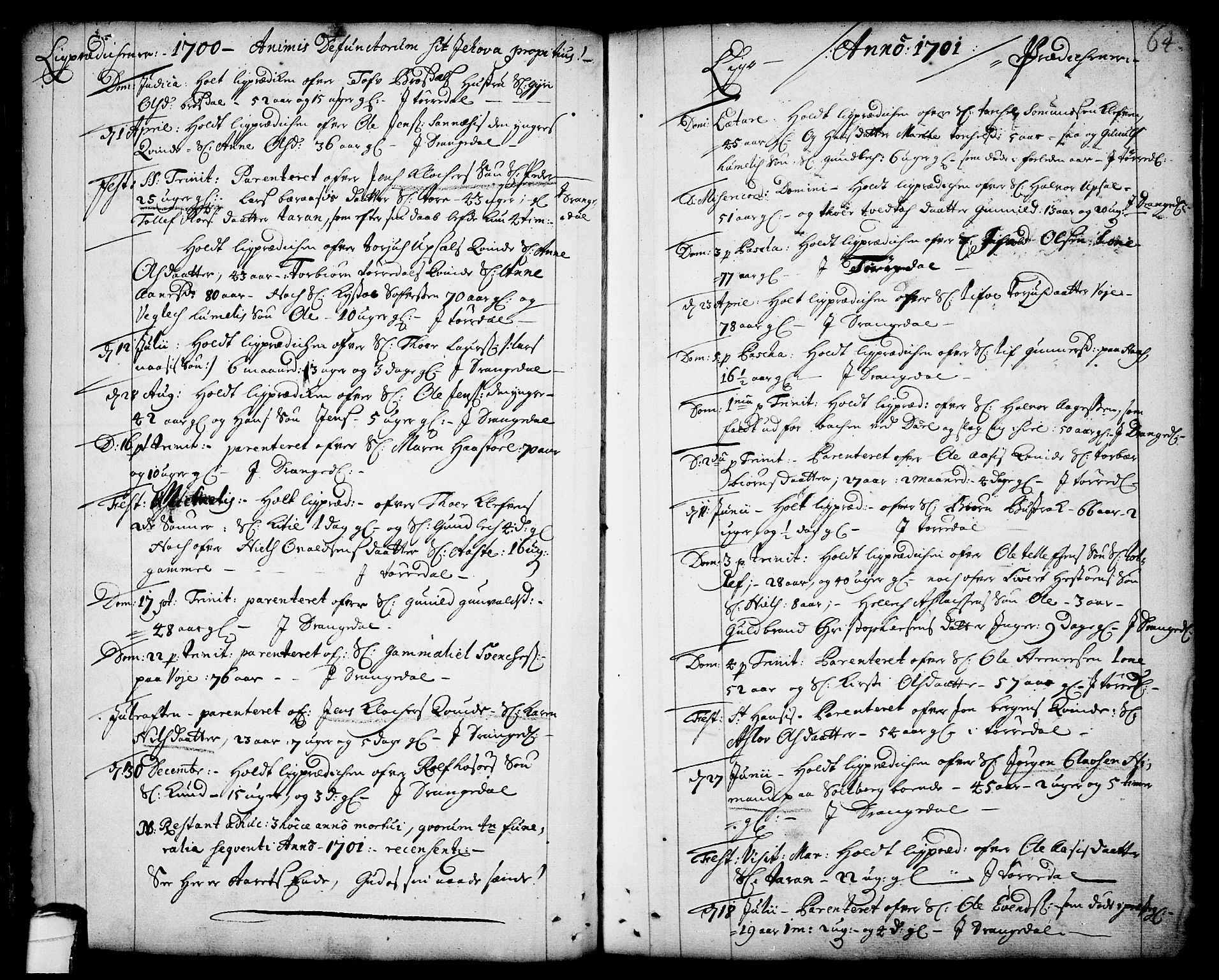 Drangedal kirkebøker, SAKO/A-258/F/Fa/L0001: Parish register (official) no. 1, 1697-1767, p. 64
