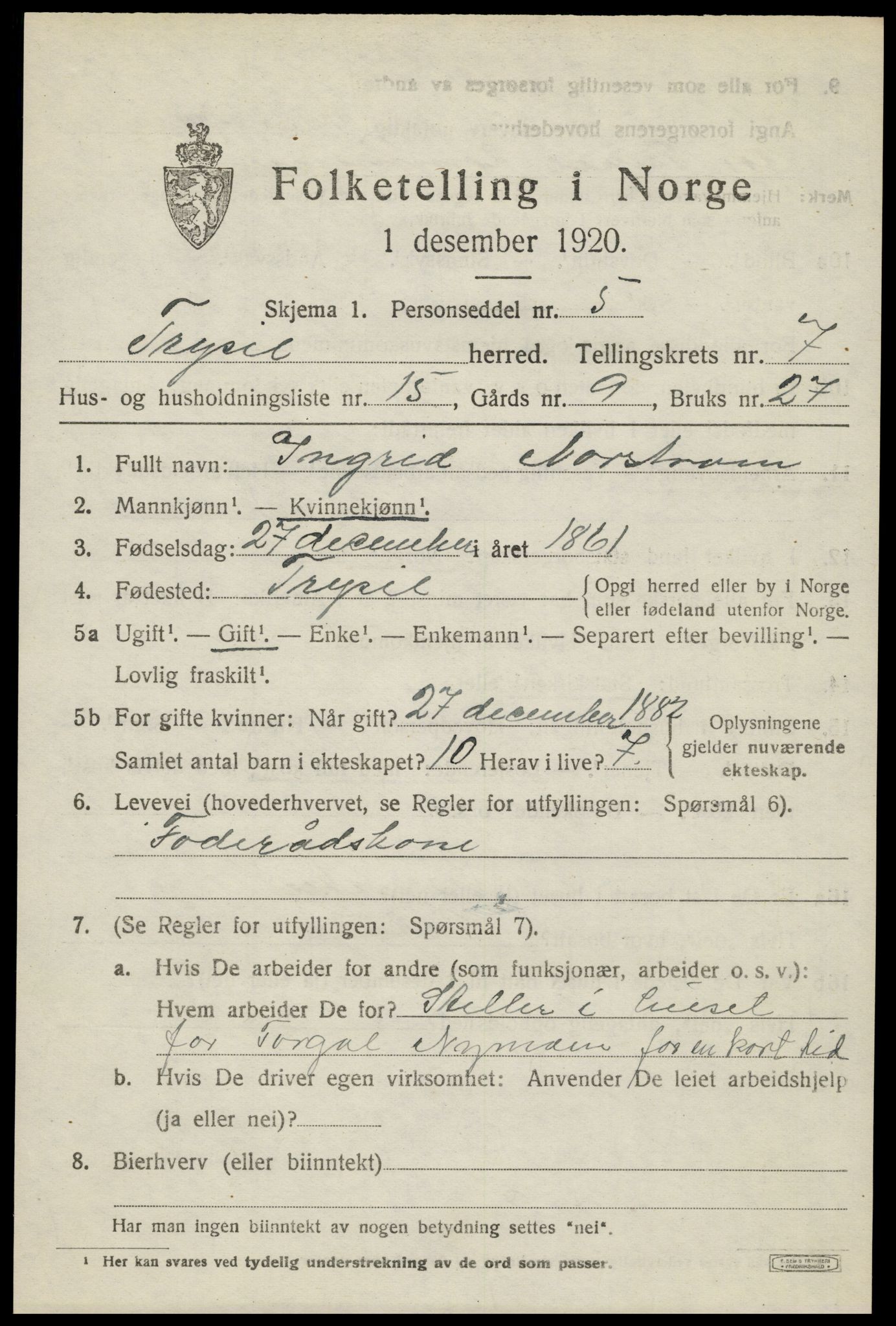 SAH, 1920 census for Trysil, 1920, p. 5385