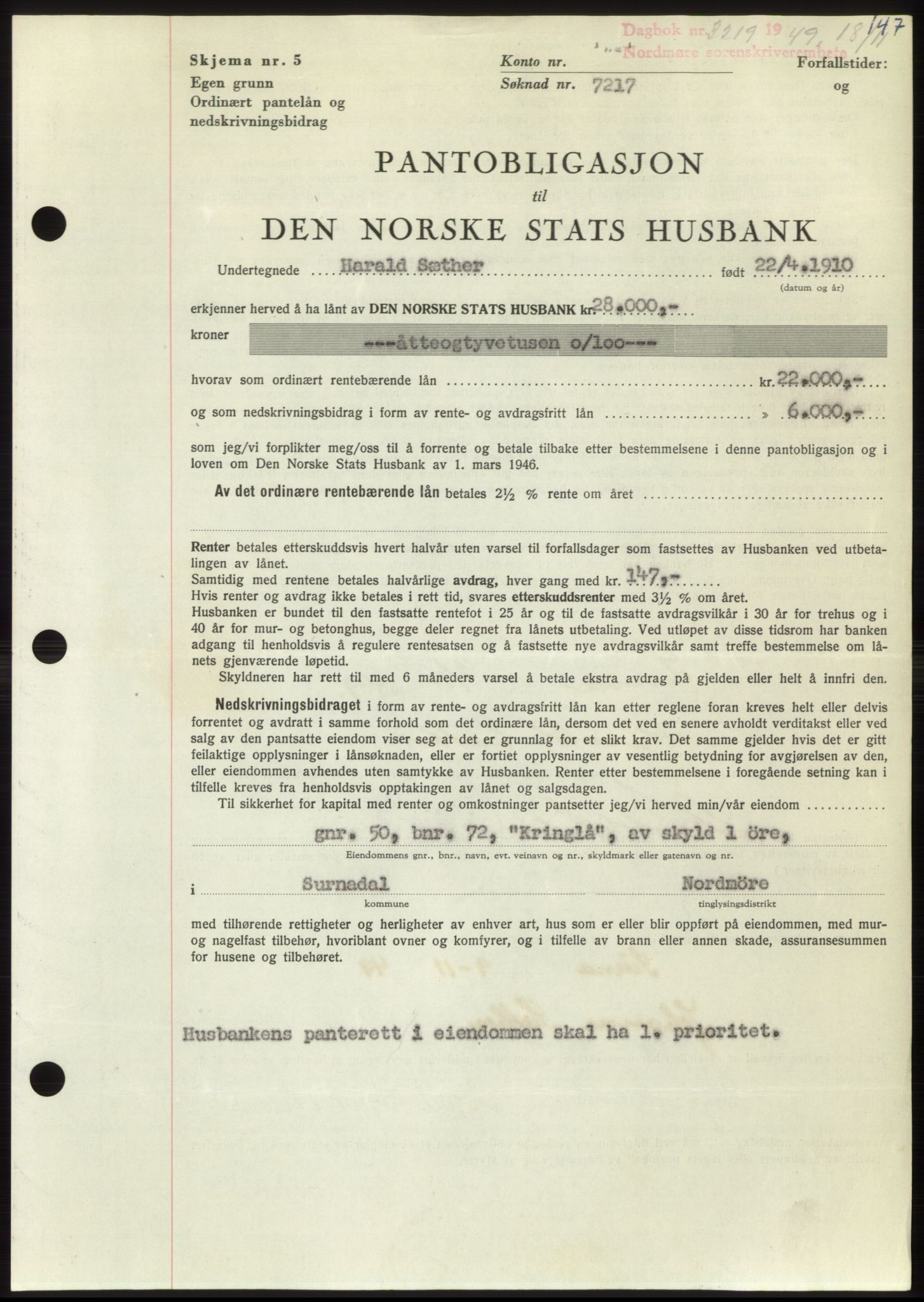 Nordmøre sorenskriveri, AV/SAT-A-4132/1/2/2Ca: Mortgage book no. B103, 1949-1950, Diary no: : 3219/1949