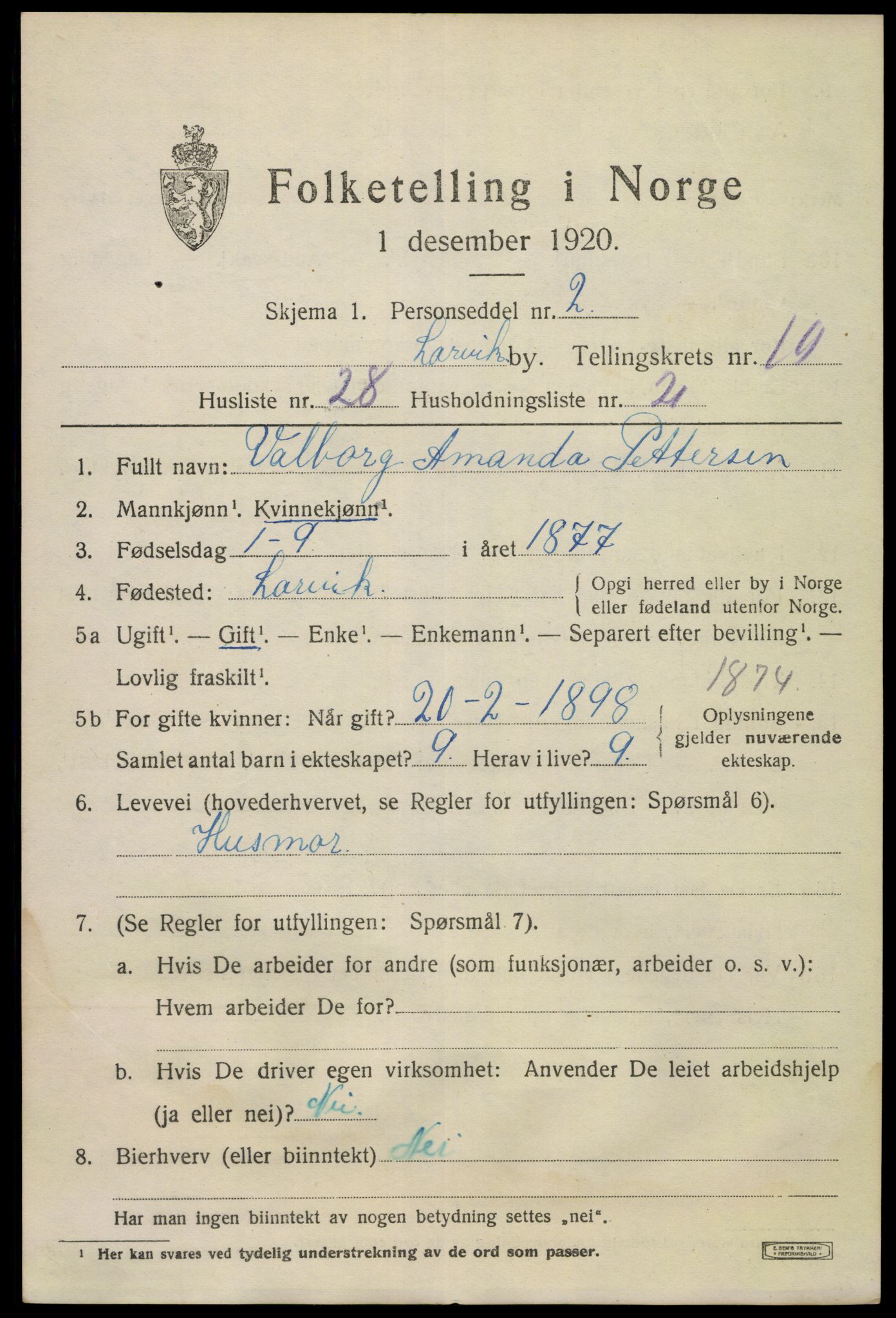 SAKO, 1920 census for Larvik, 1920, p. 27138