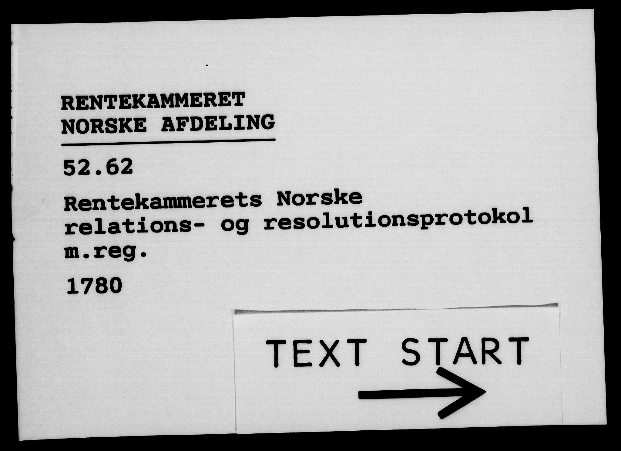 Rentekammeret, Kammerkanselliet, AV/RA-EA-3111/G/Gf/Gfa/L0062: Norsk relasjons- og resolusjonsprotokoll (merket RK 52.62), 1780, p. 1