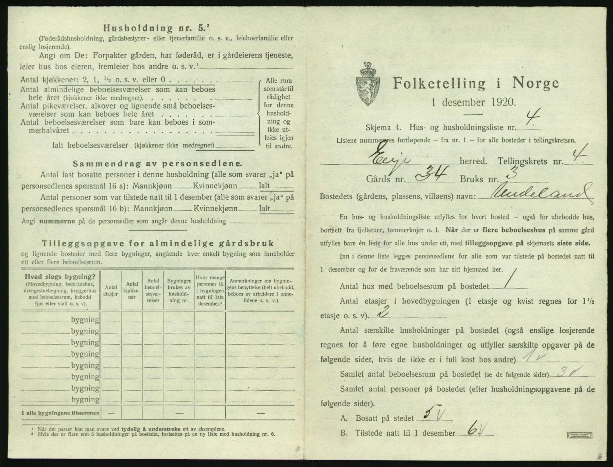 SAK, 1920 census for Evje, 1920, p. 168