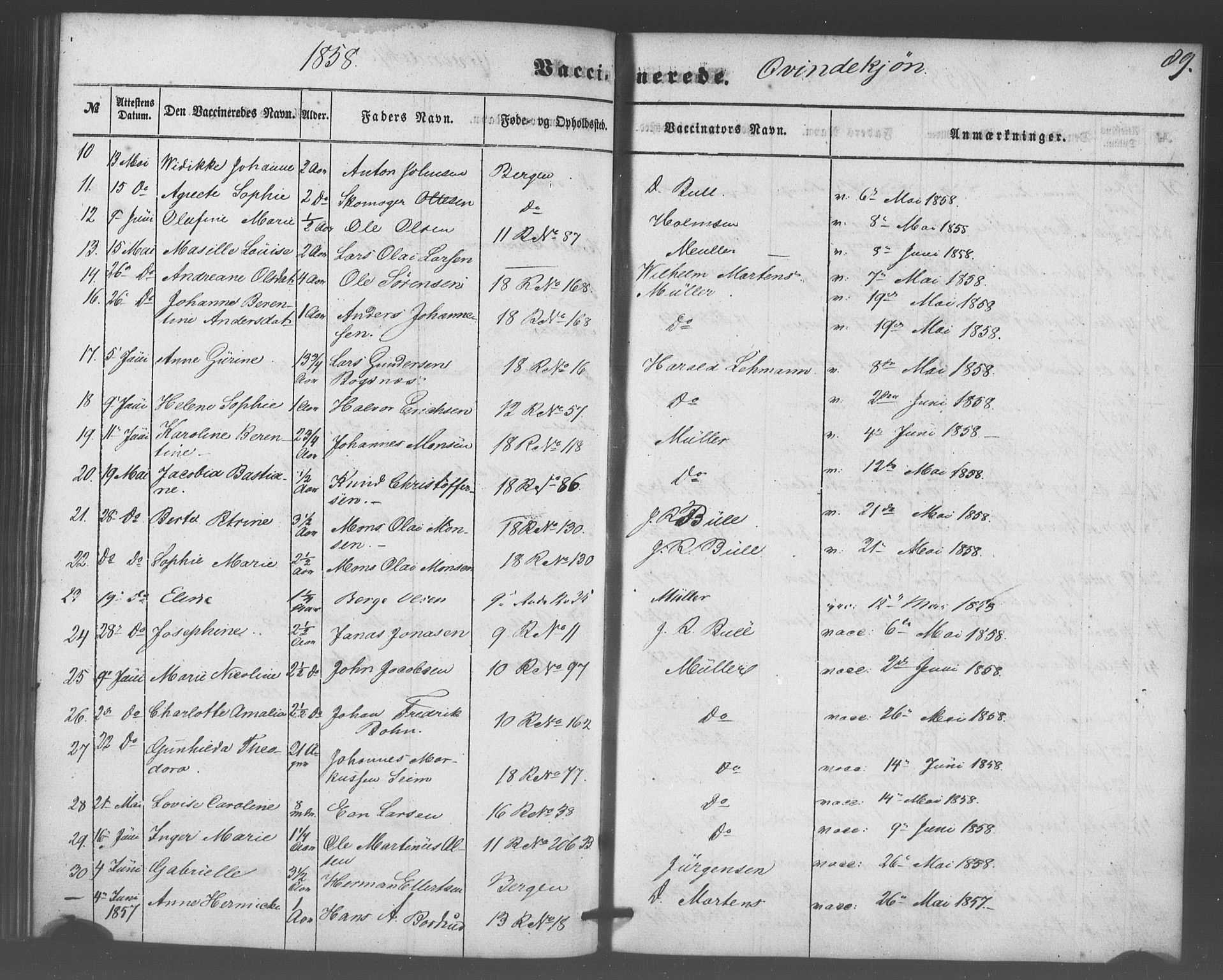 Domkirken sokneprestembete, SAB/A-74801/H/Haa/L0047: Parish register (official) no. F 2, 1852-1868, p. 89