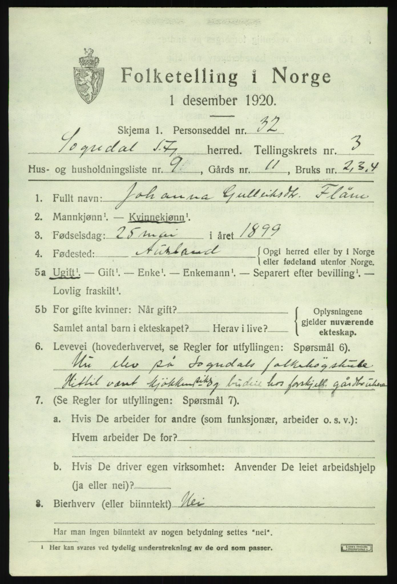 SAB, 1920 census for Sogndal, 1920, p. 2263